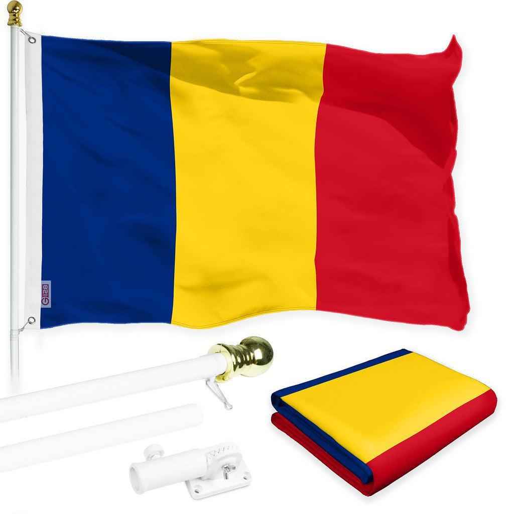 G128 Combo Pack: 6 Ft Tangle Free Spinning Flagpole (White) & Romania Flag 3x5 Ft Printed 150D Polyester, Brass Grommets (Flag Included) Aluminum Flag Pole