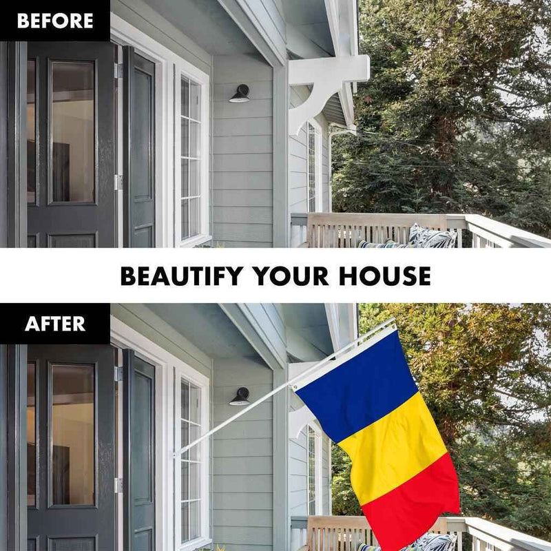 G128 Combo Pack: 6 Ft Tangle Free Spinning Flagpole (White) & Romania Flag 3x5 Ft Printed 150D Polyester, Brass Grommets (Flag Included) Aluminum Flag Pole