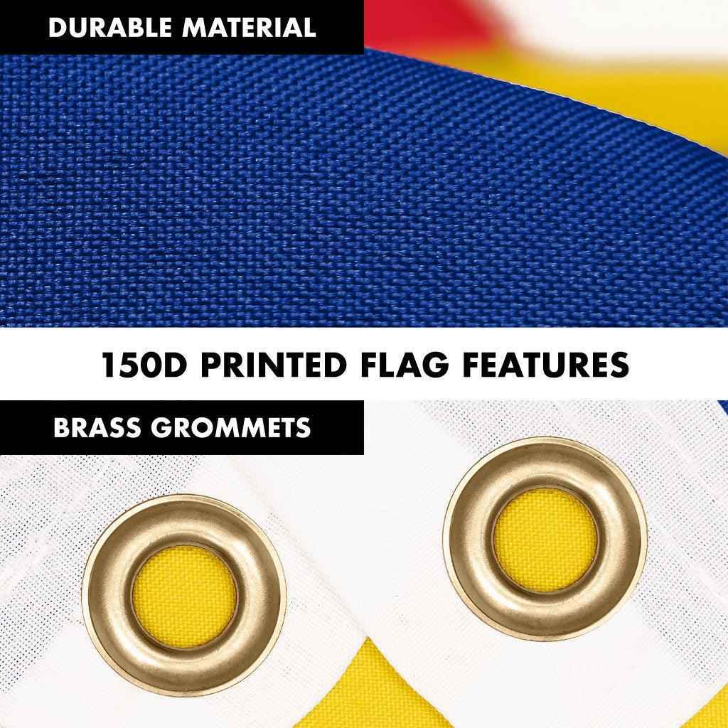 G128 Combo Pack: 6 Ft Tangle Free Spinning Flagpole (White) & Romania Flag 3x5 Ft Printed 150D Polyester, Brass Grommets (Flag Included) Aluminum Flag Pole