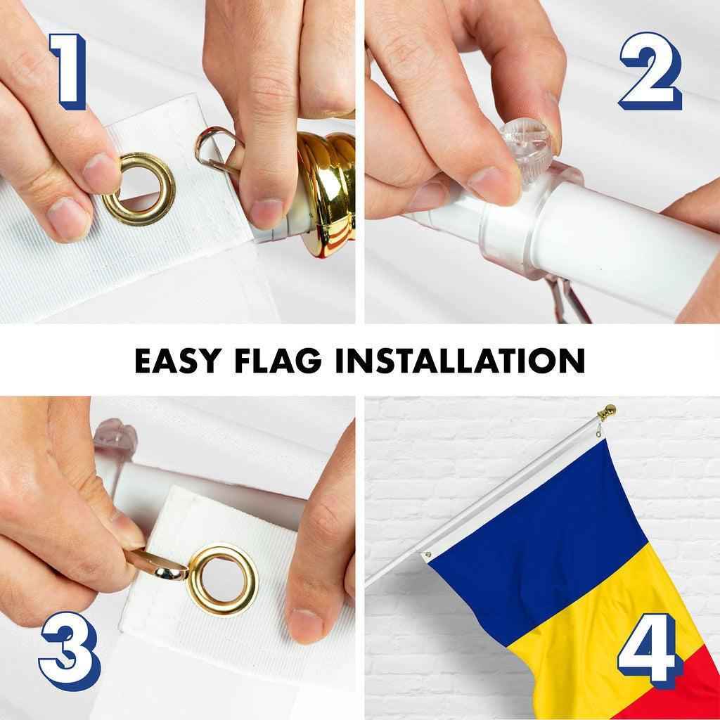 G128 Combo Pack: 6 Ft Tangle Free Spinning Flagpole (White) & Romania Flag 3x5 Ft Printed 150D Polyester, Brass Grommets (Flag Included) Aluminum Flag Pole