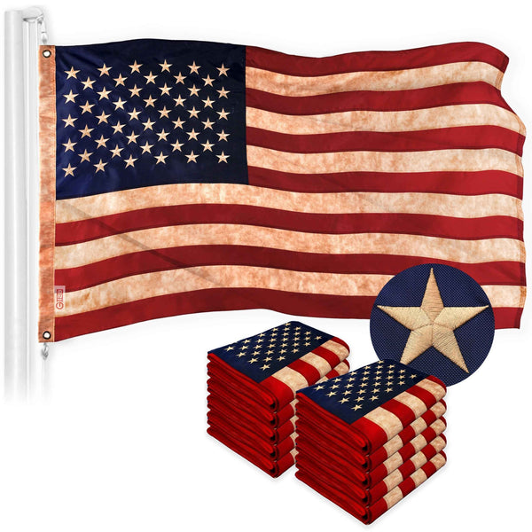 G128 10 Pack: American USA Tea-Stained Flag | 2x3 Ft | ToughWeave Pro Series Embroidered 420D Polyester | Embroidered Stars