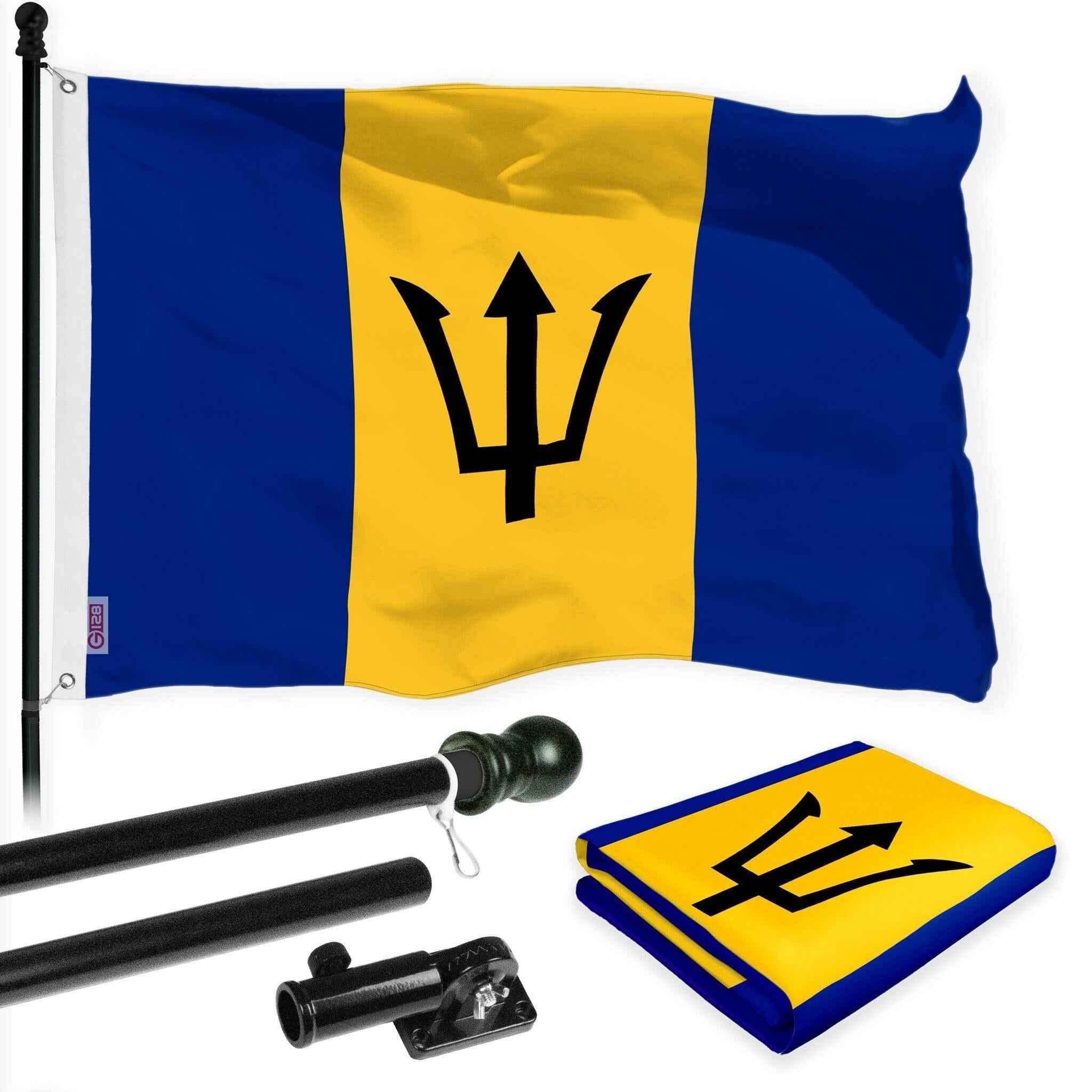 G128 Combo Pack: 6 Ft Tangle Free Aluminum Spinning Flagpole (Black) & Barbados Barbadian Flag 3x5 Ft, LiteWeave Pro Series Printed 150D Polyester | Pole with Flag Included