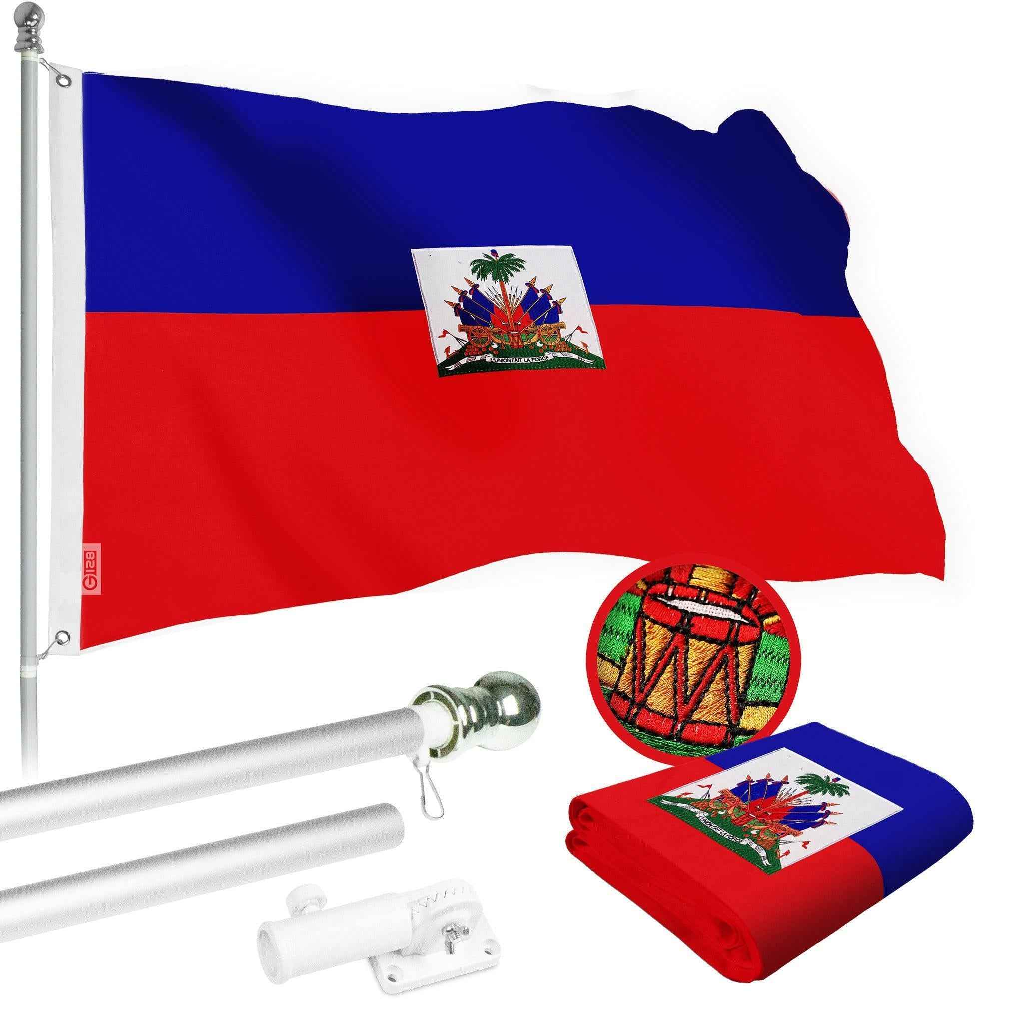G128 Combo Pack: 5 Ft Tangle Free Spinning Flagpole (Silver) & Haiti Flag 2x3 Ft Embroidered 220GSM Spun Polyester, Brass Grommets (Flag Included) Aluminum Flag Pole