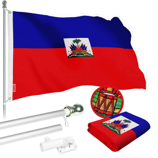 G128 Combo Pack: 5 Ft Tangle Free Spinning Flagpole (Silver) & Haiti Flag 2x3 Ft Embroidered 220GSM Spun Polyester, Brass Grommets (Flag Included) Aluminum Flag Pole