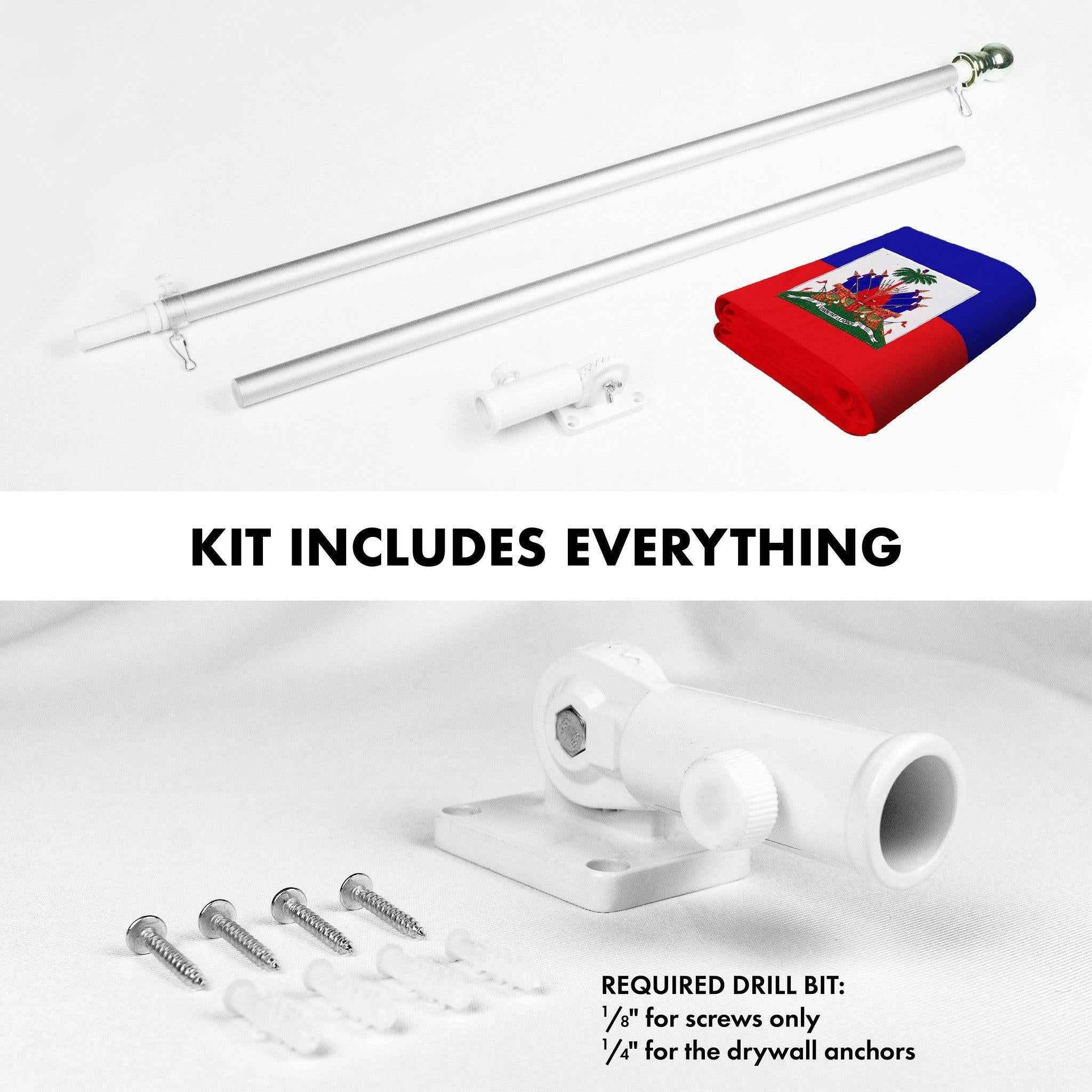 G128 Combo Pack: 5 Ft Tangle Free Spinning Flagpole (Silver) & Haiti Flag 2x3 Ft Embroidered 220GSM Spun Polyester, Brass Grommets (Flag Included) Aluminum Flag Pole