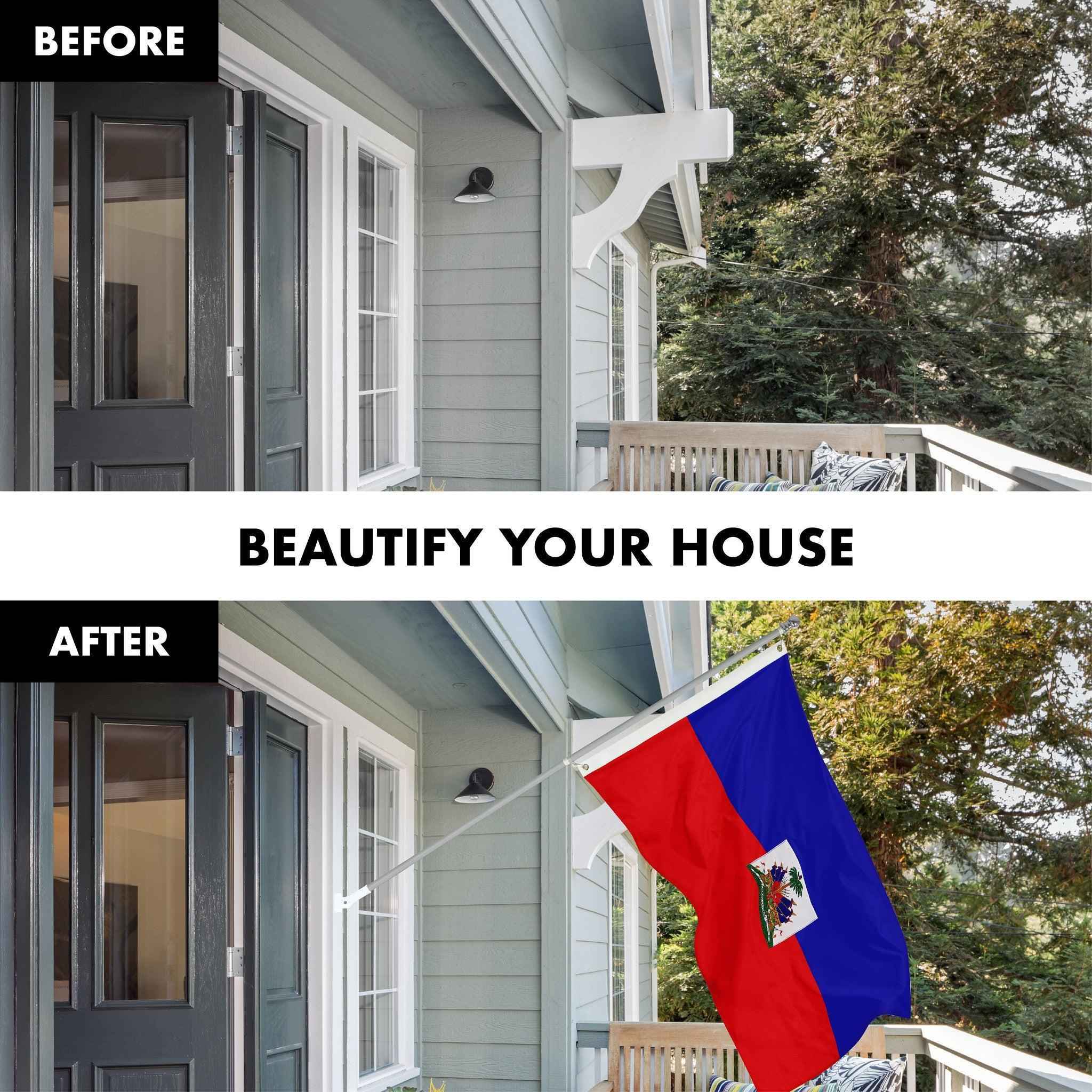 G128 Combo Pack: 5 Ft Tangle Free Spinning Flagpole (Silver) & Haiti Flag 2x3 Ft Embroidered 220GSM Spun Polyester, Brass Grommets (Flag Included) Aluminum Flag Pole