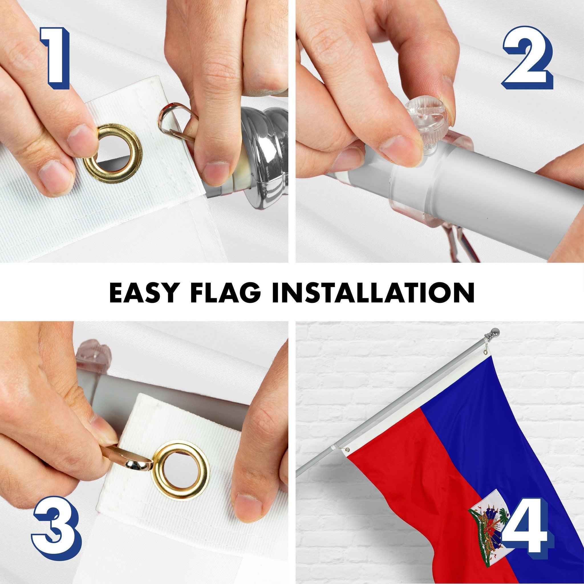 G128 Combo Pack: 5 Ft Tangle Free Spinning Flagpole (Silver) & Haiti Flag 2x3 Ft Embroidered 220GSM Spun Polyester, Brass Grommets (Flag Included) Aluminum Flag Pole
