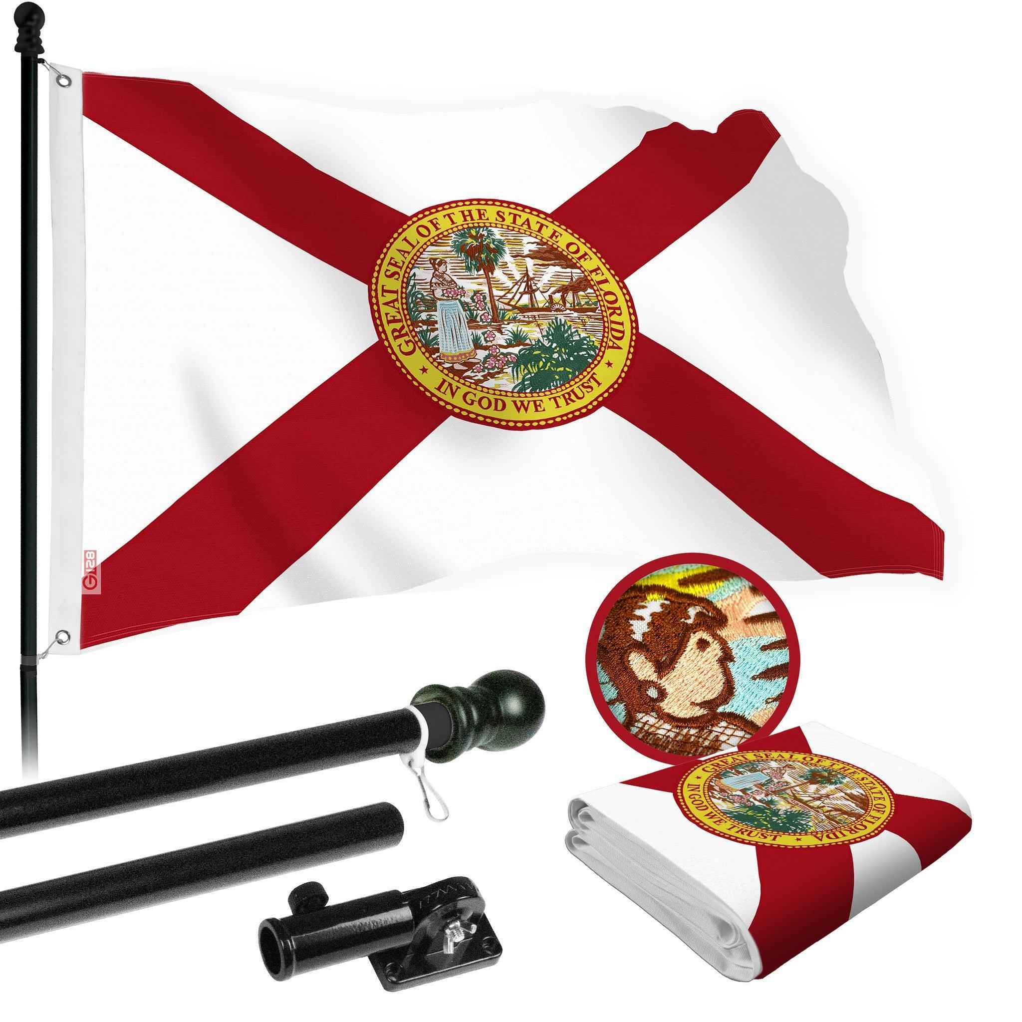 G128 Combo Pack: 5 Ft Tangle Free Aluminum Spinning Flagpole (Black) & Florida FL State Flag 2x3 Ft, StormFlyer Series Embroidered 220GSM Spun Polyester | Pole with Flag Included