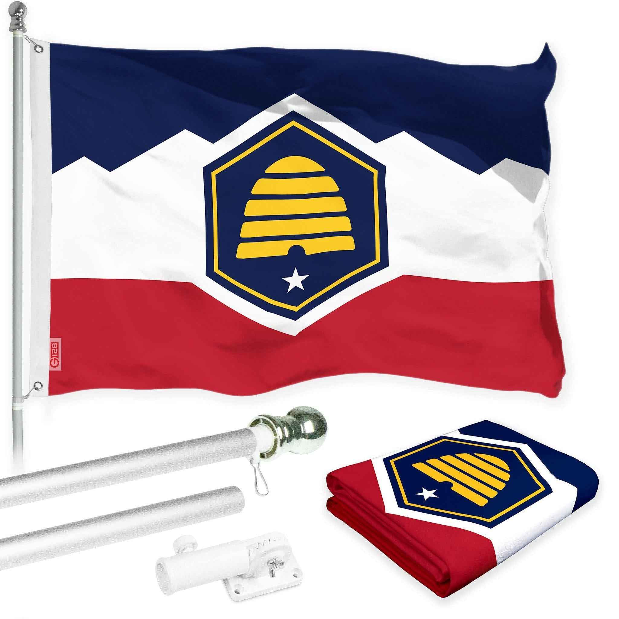 G128 Combo Pack: 6 Ft Tangle Free Aluminum Spinning Flagpole (Silver) & Utah 2023 New Version UT State Flag 3x5 Ft, LiteWeave Pro Series Printed 150D Polyester | Pole with Flag Included