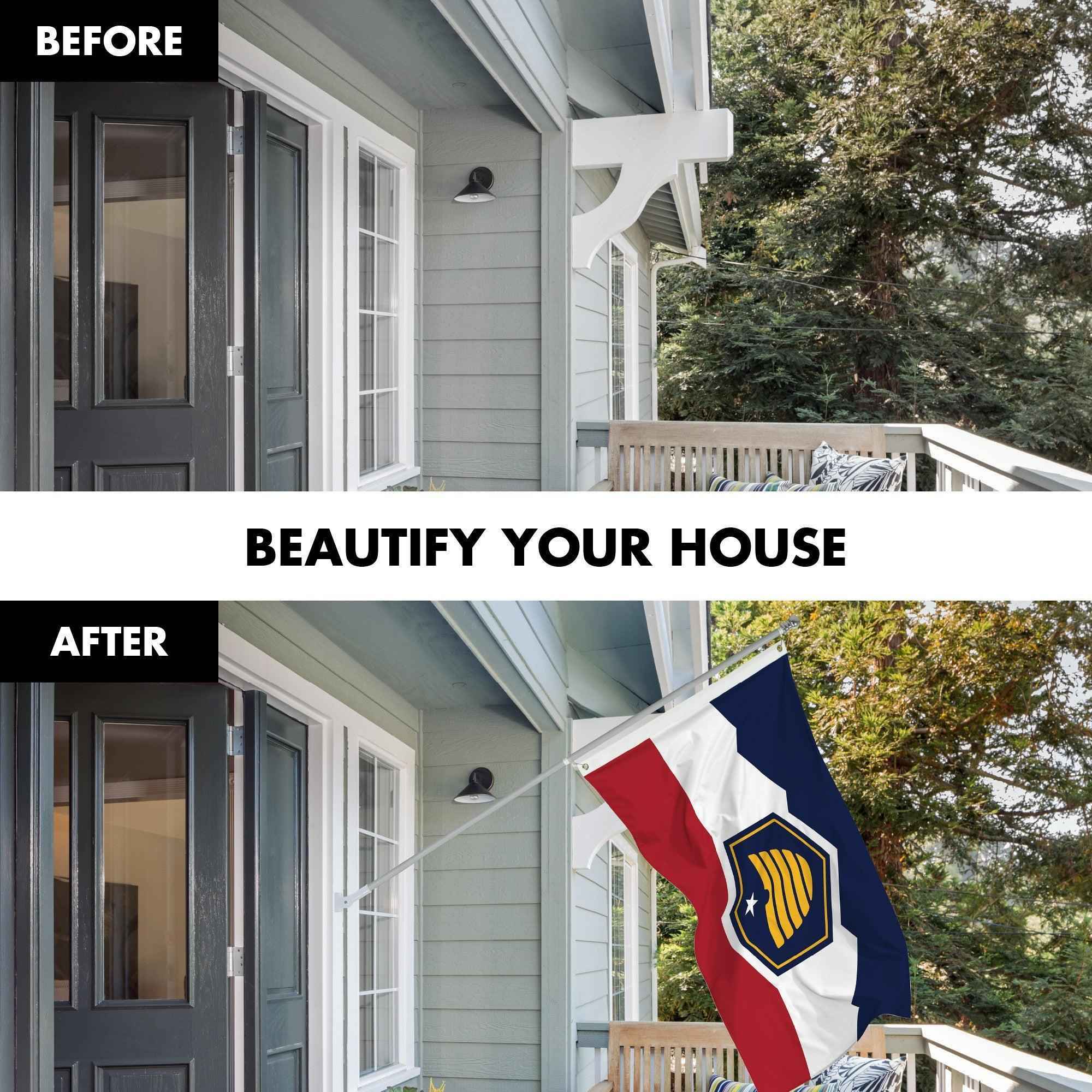 G128 Combo Pack: 6 Ft Tangle Free Aluminum Spinning Flagpole (Silver) & Utah 2023 New Version UT State Flag 3x5 Ft, LiteWeave Pro Series Printed 150D Polyester | Pole with Flag Included