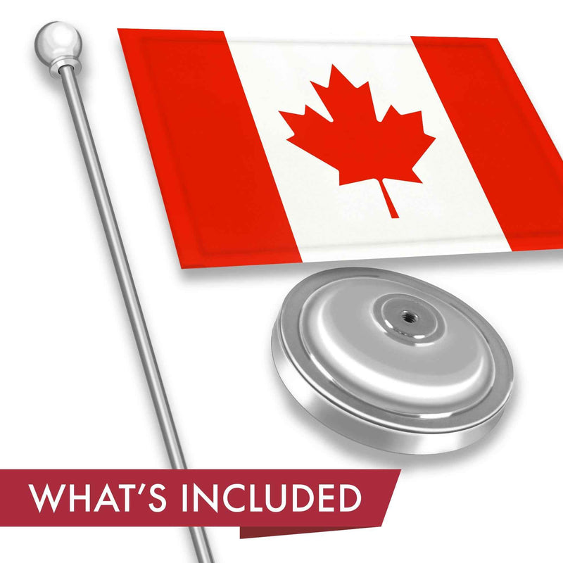 G128 Canada Canadian Deluxe Desk Flag Set | 8.5x5.5 In | Printed 300D Polyester, with Silver Dome and Base, 15" Metal Pole, Decorations For Office, Home and Festival Events Celebration