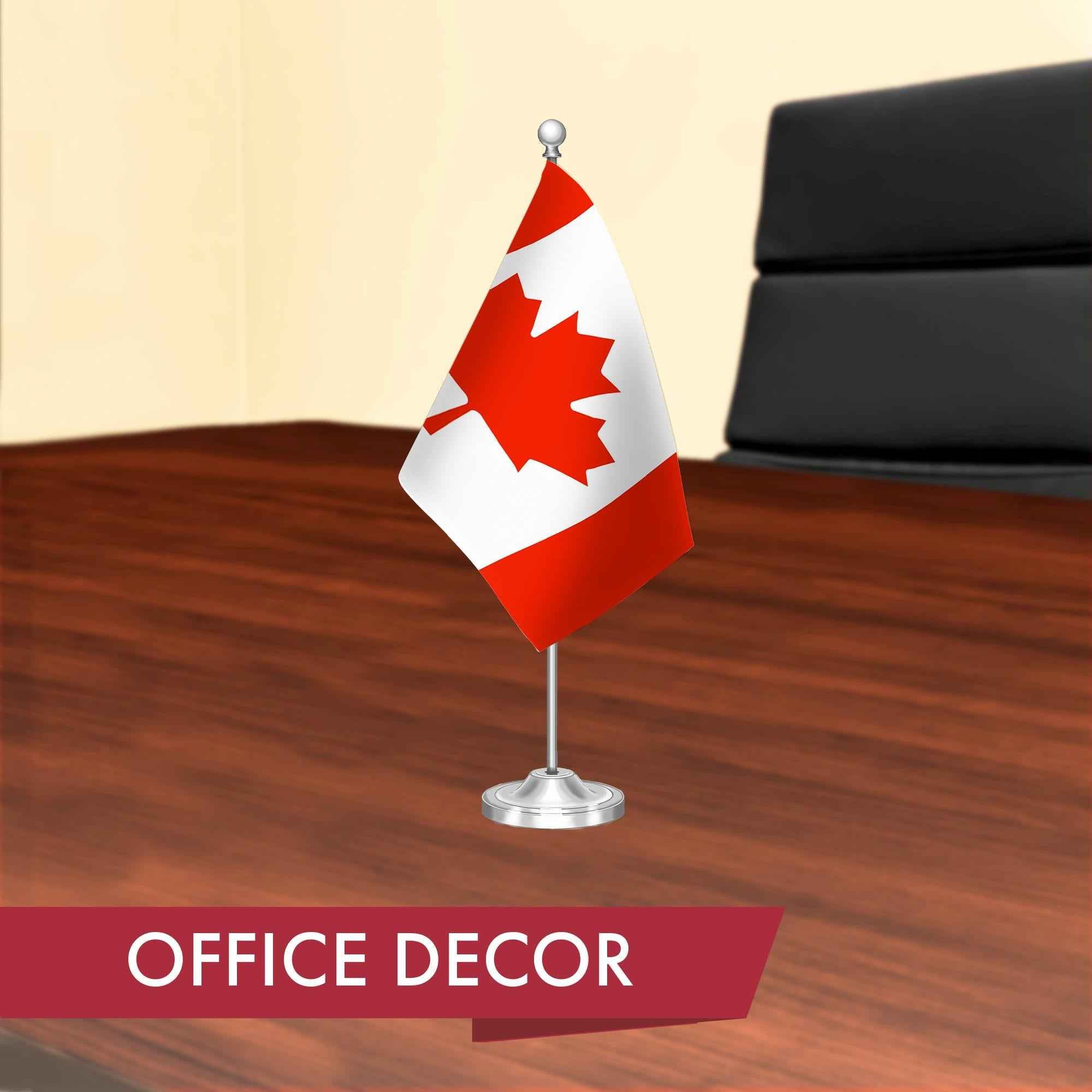 G128 Canada Canadian Deluxe Desk Flag Set | 8.5x5.5 In | Printed 300D Polyester, with Silver Dome and Base, 15" Metal Pole, Decorations For Office, Home and Festival Events Celebration