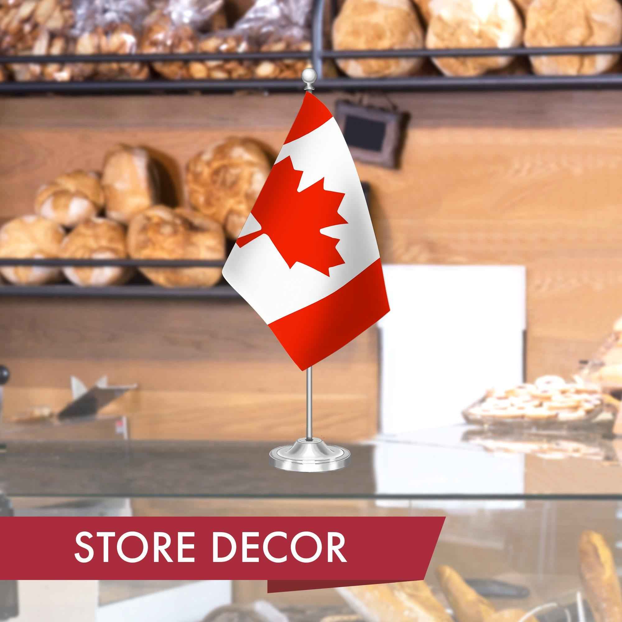 G128 Canada Canadian Deluxe Desk Flag Set | 8.5x5.5 In | Printed 300D Polyester, with Silver Dome and Base, 15" Metal Pole, Decorations For Office, Home and Festival Events Celebration