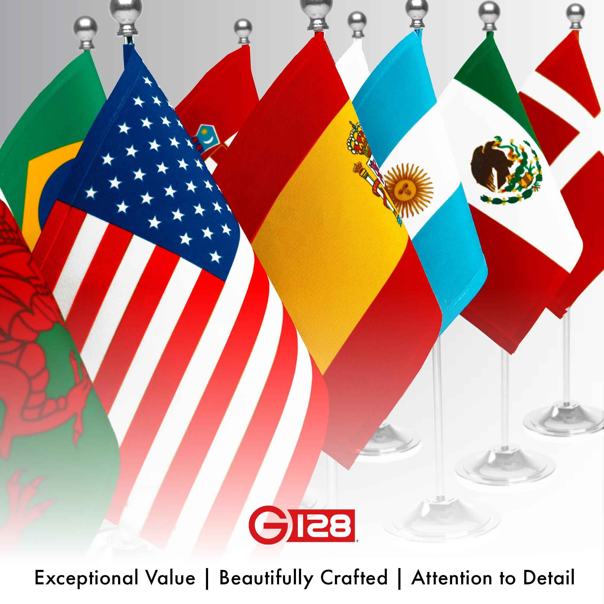 G128 Canada Canadian Deluxe Desk Flag Set | 8.5x5.5 In | Printed 300D Polyester, with Silver Dome and Base, 15" Metal Pole, Decorations For Office, Home and Festival Events Celebration