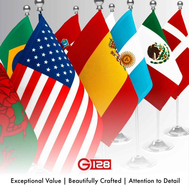 G128 Canada Canadian Deluxe Desk Flag Set | 8.5x5.5 In | Printed 300D Polyester, with Silver Dome and Base, 15" Metal Pole, Decorations For Office, Home and Festival Events Celebration