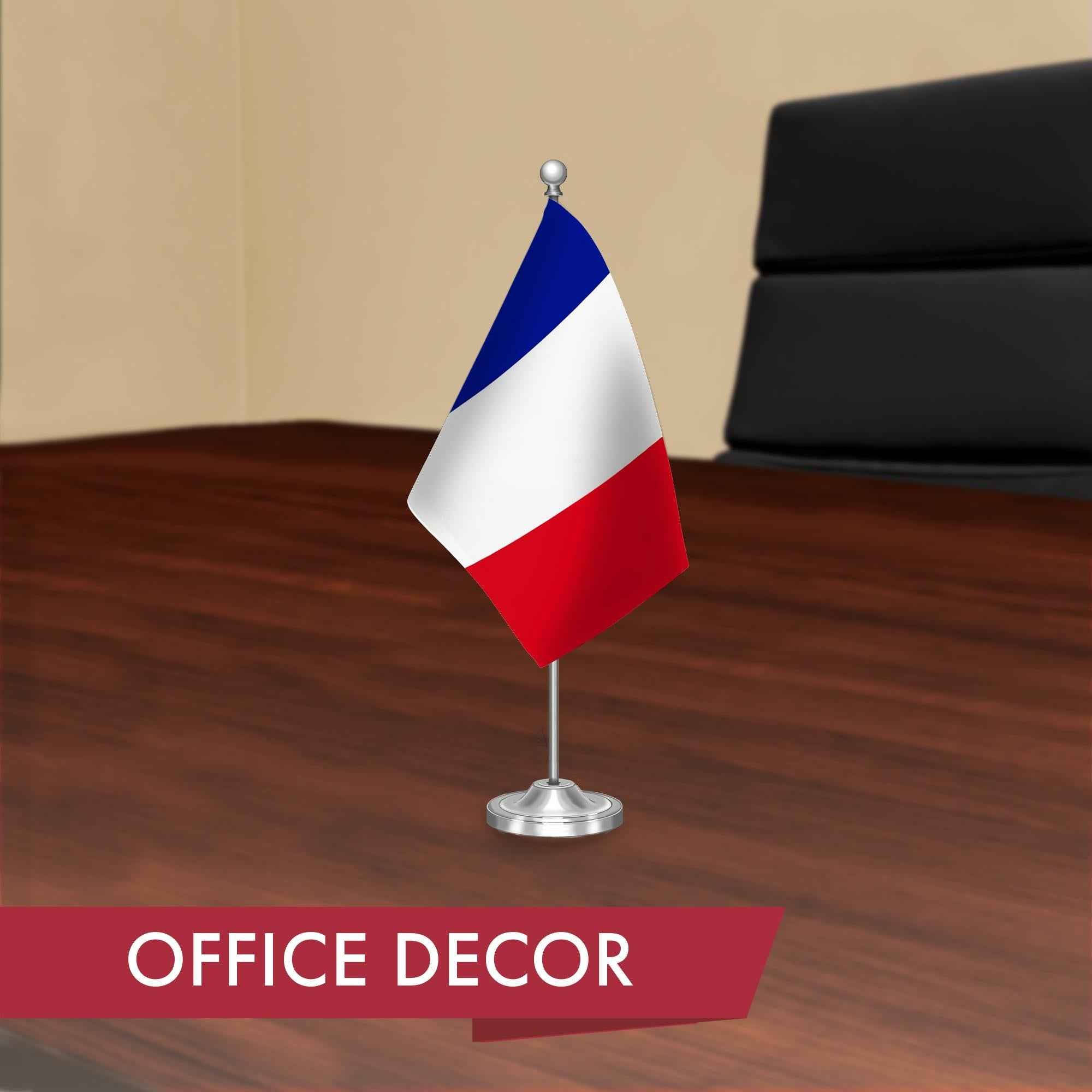 G128 France French Deluxe Desk Flag Set | 8.5x5.5 In | Printed 300D Polyester, with Silver Dome and Base, 15" Metal Pole, Decorations For Office, Home and Festival Events Celebration