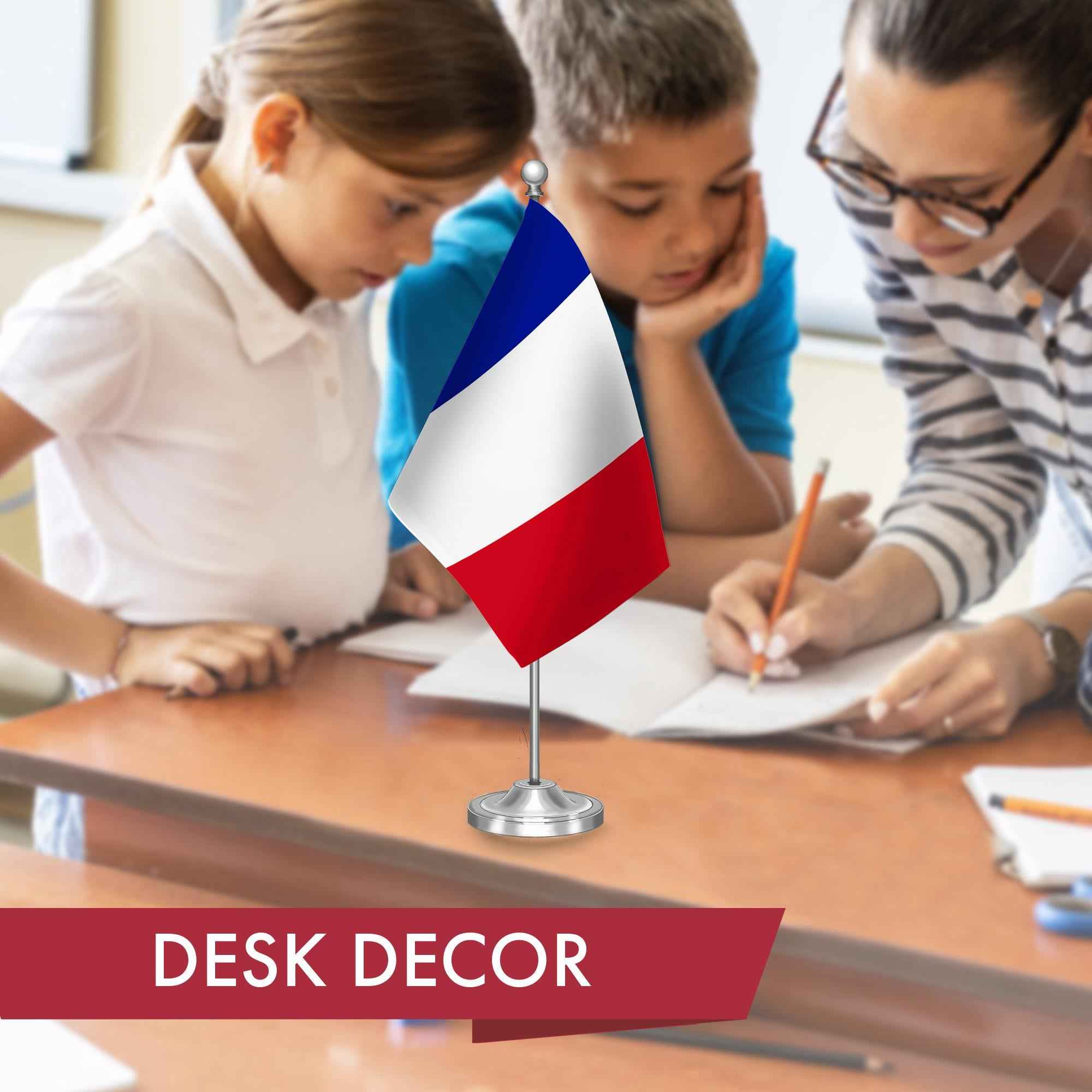G128 France French Deluxe Desk Flag Set | 8.5x5.5 In | Printed 300D Polyester, with Silver Dome and Base, 15" Metal Pole, Decorations For Office, Home and Festival Events Celebration