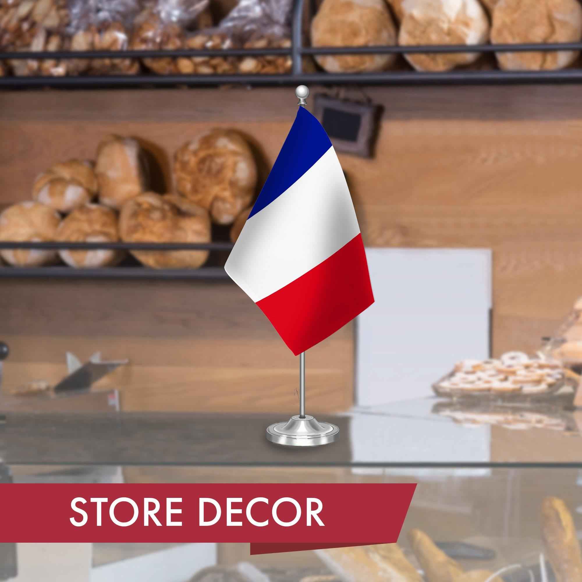 G128 France French Deluxe Desk Flag Set | 8.5x5.5 In | Printed 300D Polyester, with Silver Dome and Base, 15" Metal Pole, Decorations For Office, Home and Festival Events Celebration