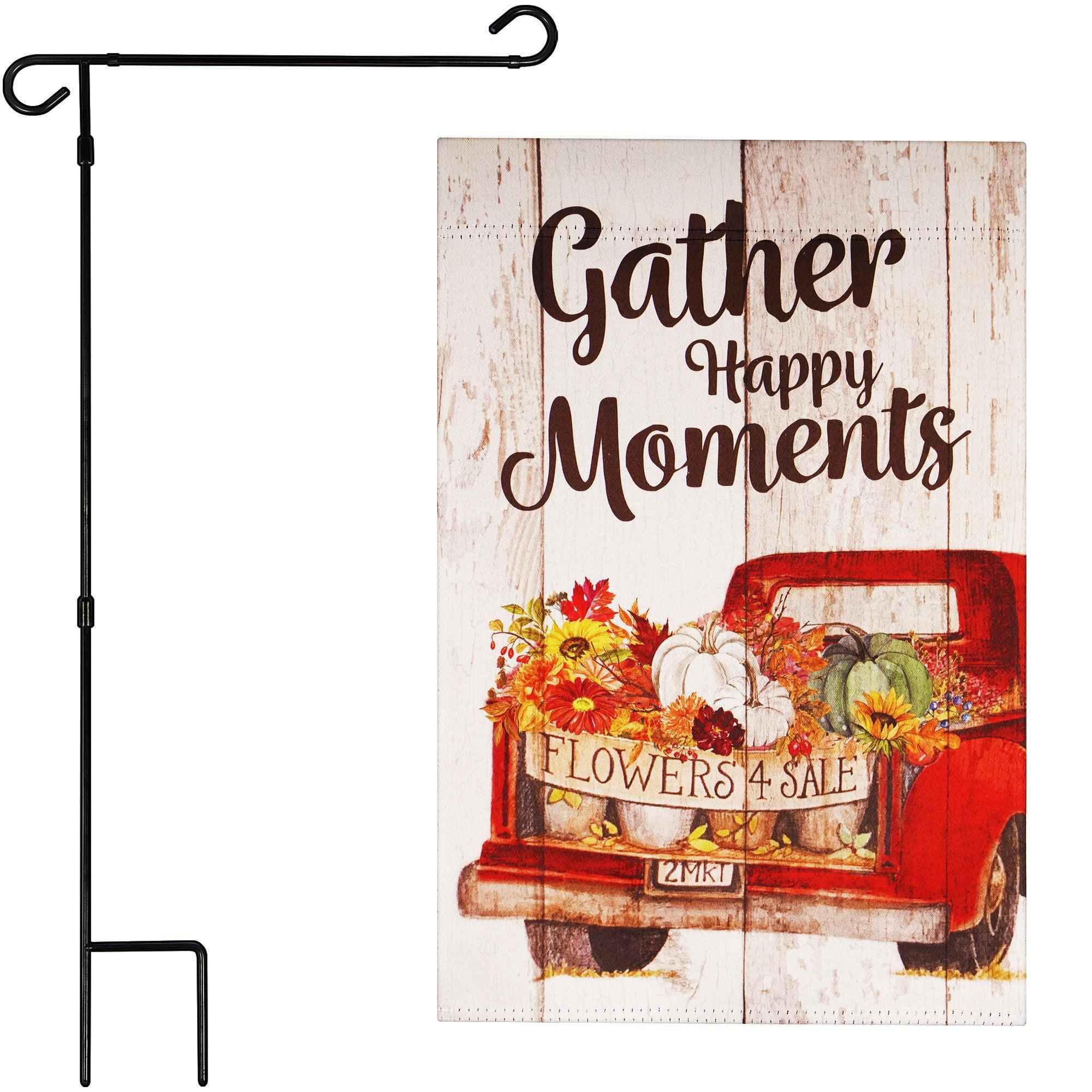 G128 Combo Pack: Garden Flag Stand Black 36 in x 16 in & Garden Flag Fall Decoration Gather Happy Moments Flower Truck 12"x18" Double-Sided Blockout Fabric