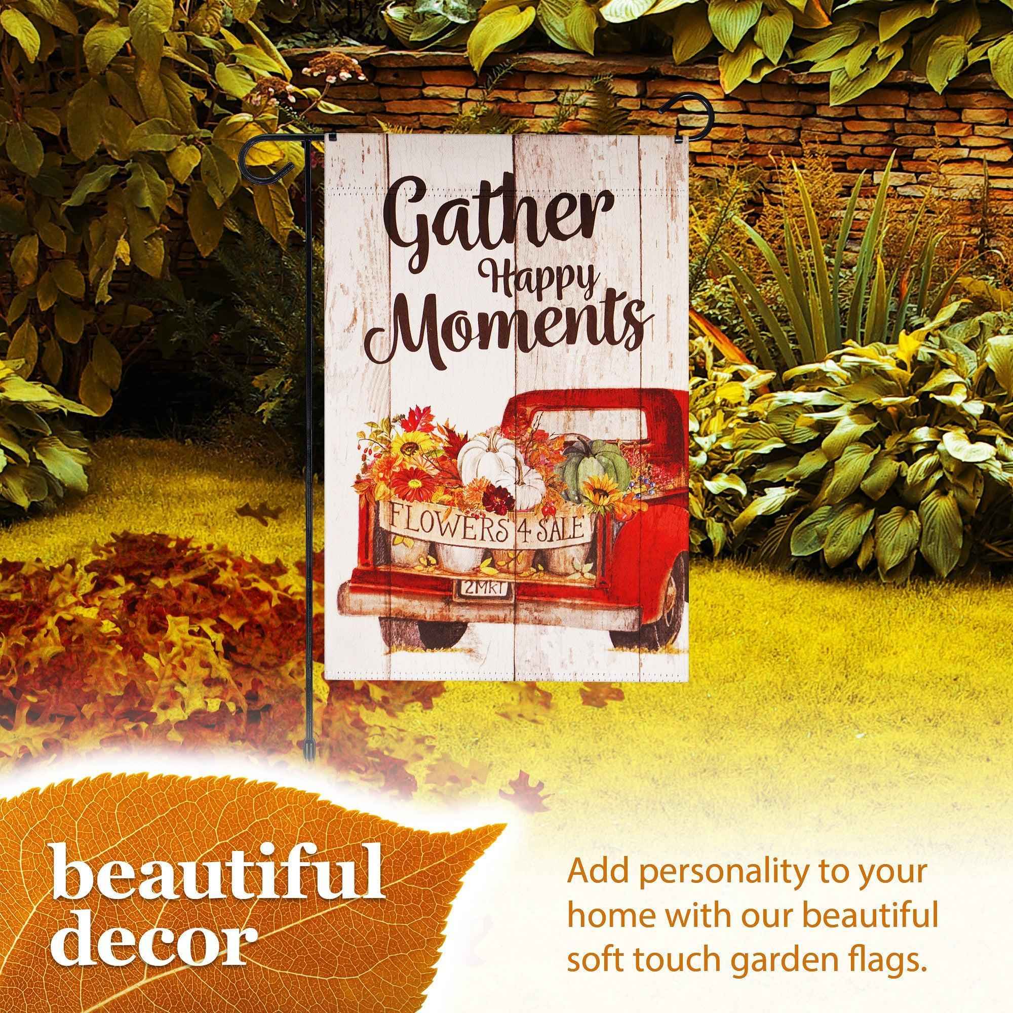 G128 Combo Pack: Garden Flag Stand Black 36 in x 16 in & Garden Flag Fall Decoration Gather Happy Moments Flower Truck 12"x18" Double-Sided Blockout Fabric