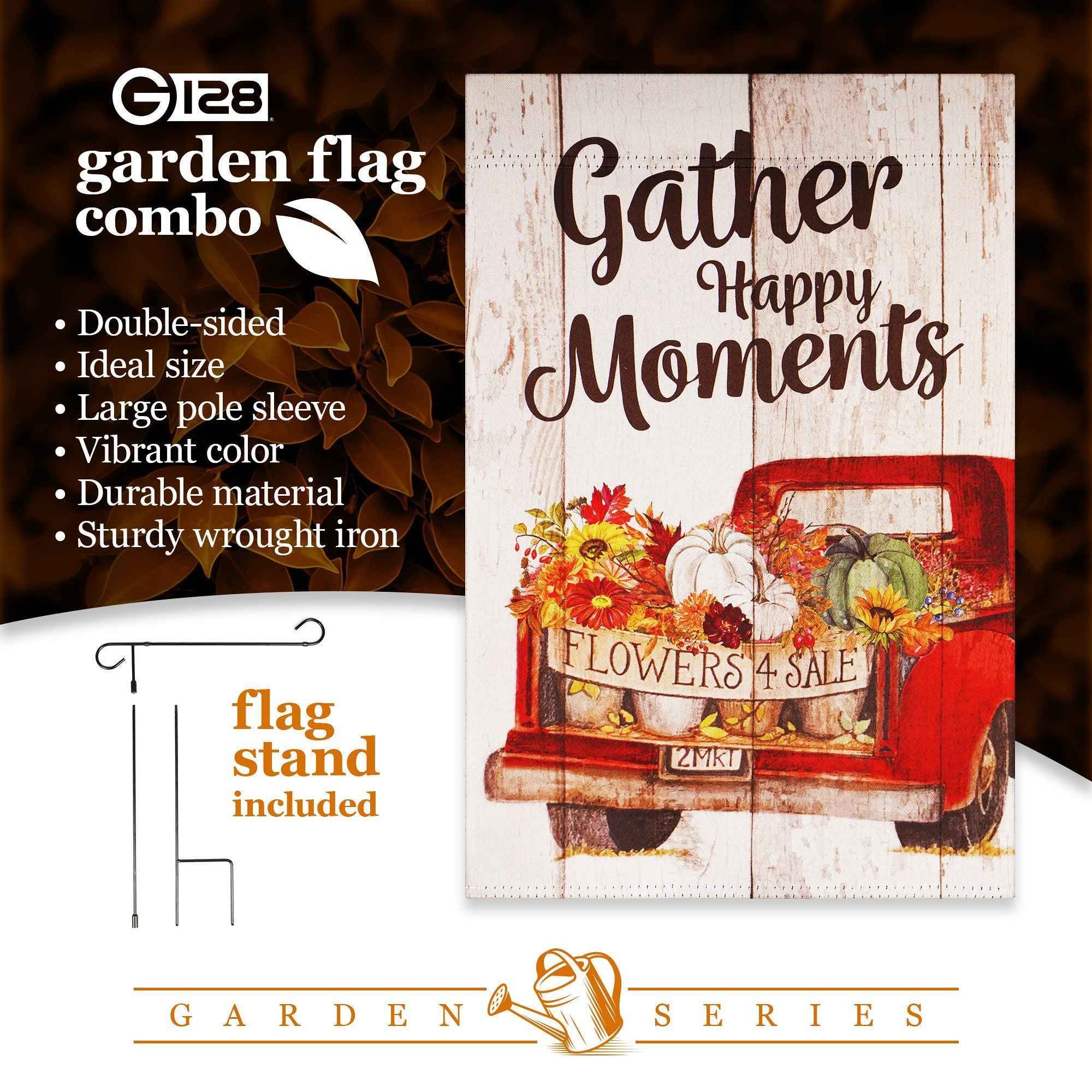 G128 Combo Pack: Garden Flag Stand Black 36 in x 16 in & Garden Flag Fall Decoration Gather Happy Moments Flower Truck 12"x18" Double-Sided Blockout Fabric