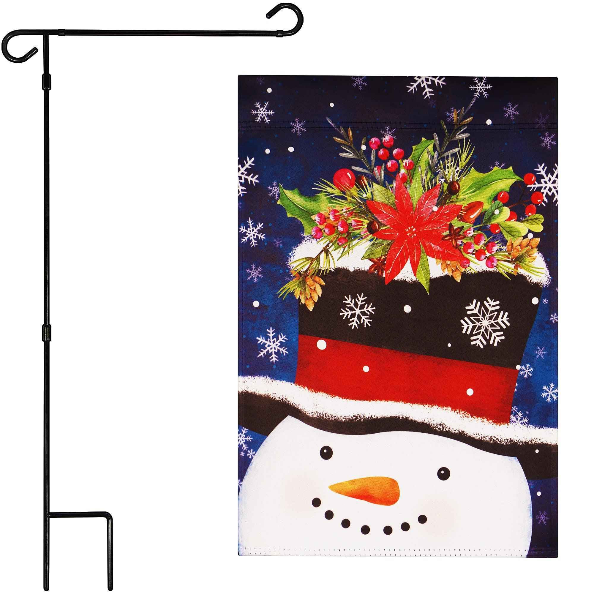 G128 Combo Pack: Garden Flag Stand Black 36 in x 16 in & Garden Flag Winter Decoration Snowman with Festive Evergreen Top Hat 12"x18" Double-Sided Blockout Fabric