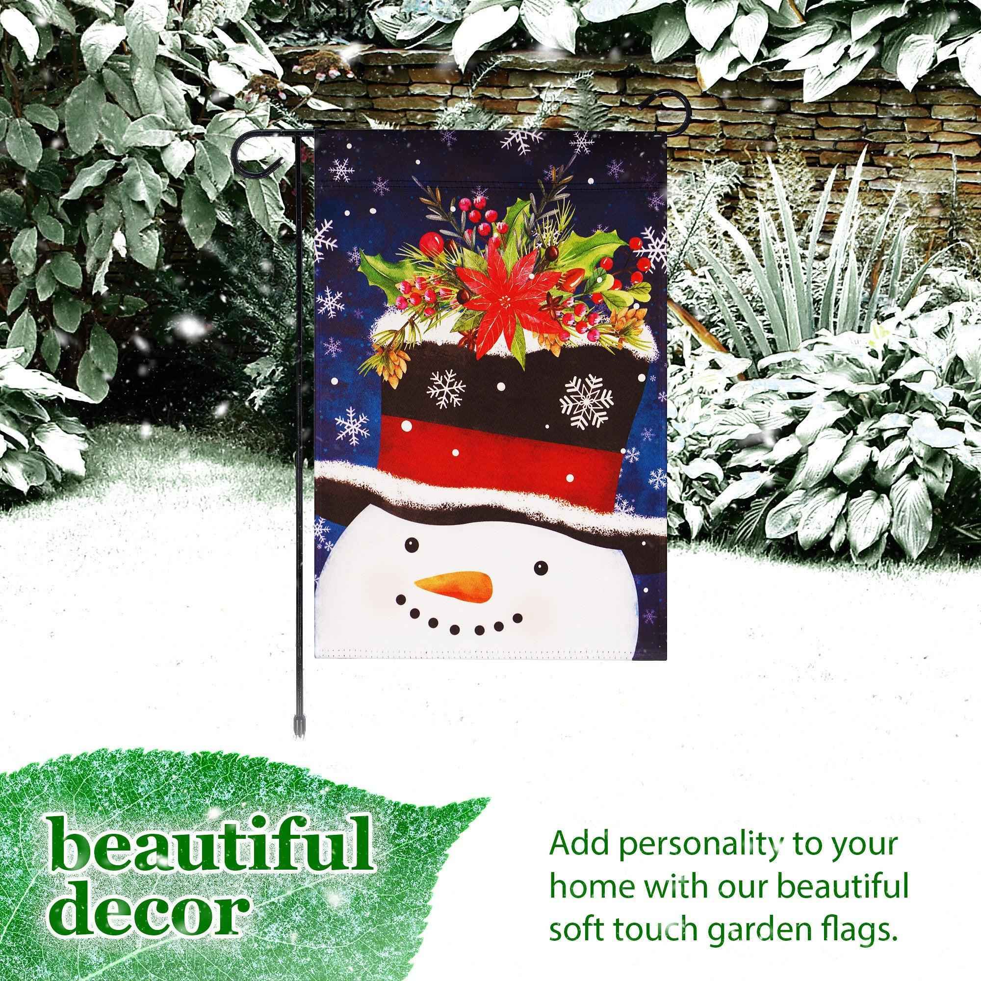 G128 Combo Pack: Garden Flag Stand Black 36 in x 16 in & Garden Flag Winter Decoration Snowman with Festive Evergreen Top Hat 12"x18" Double-Sided Blockout Fabric