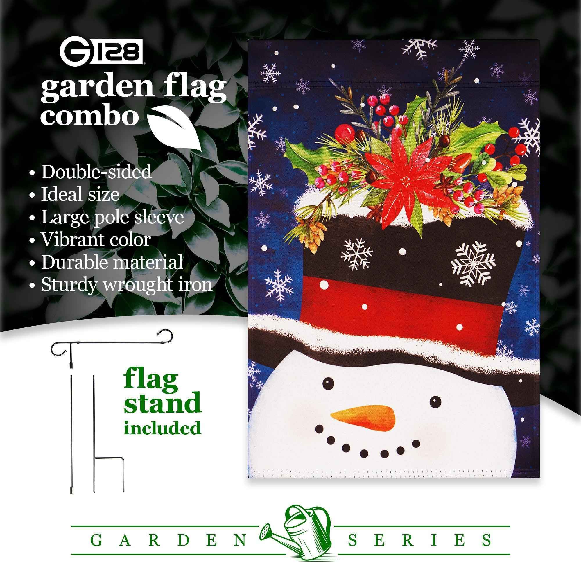 G128 Combo Pack: Garden Flag Stand Black 36 in x 16 in & Garden Flag Winter Decoration Snowman with Festive Evergreen Top Hat 12"x18" Double-Sided Blockout Fabric