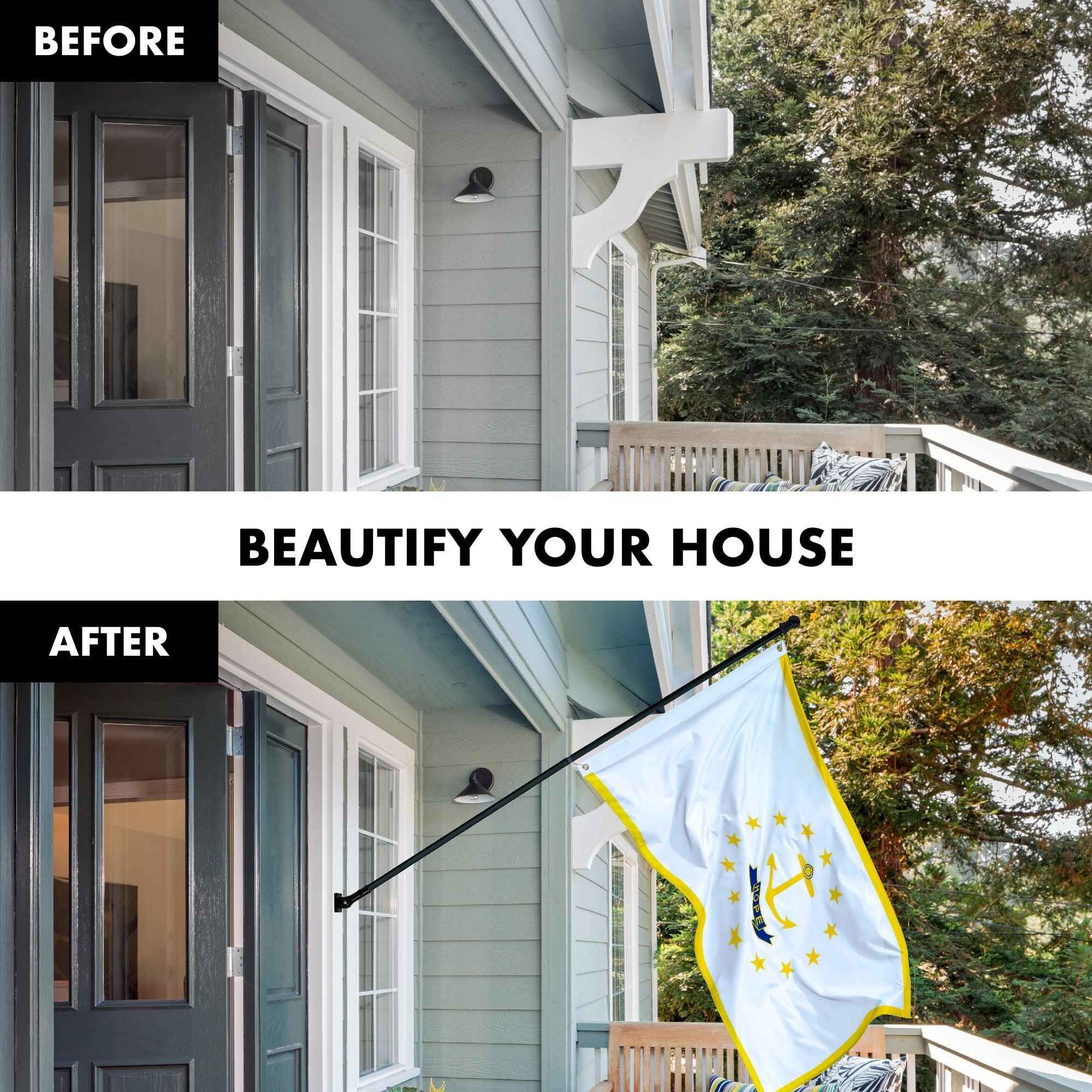 G128 Combo Pack: 5 Ft Tangle Free Aluminum Spinning Flagpole (Black) & Rhode Island RI State Flag 2.5x4 Ft, ToughWeave Series Embroidered 300D Polyester | Pole with Flag Included