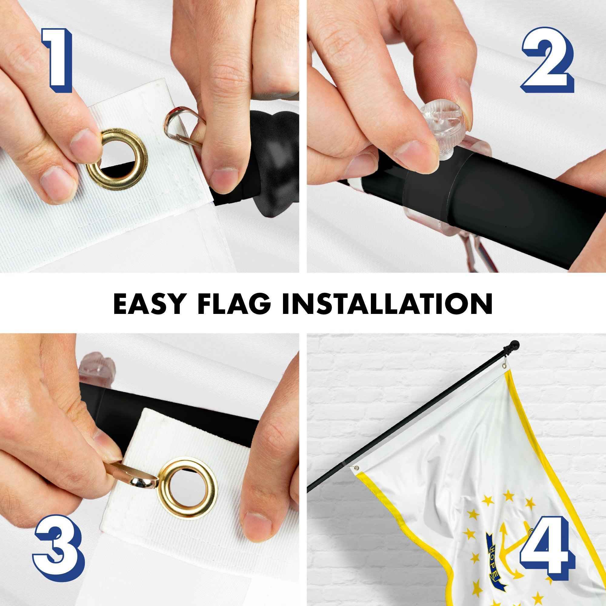 G128 Combo Pack: 5 Ft Tangle Free Aluminum Spinning Flagpole (Black) & Rhode Island RI State Flag 2.5x4 Ft, ToughWeave Series Embroidered 300D Polyester | Pole with Flag Included