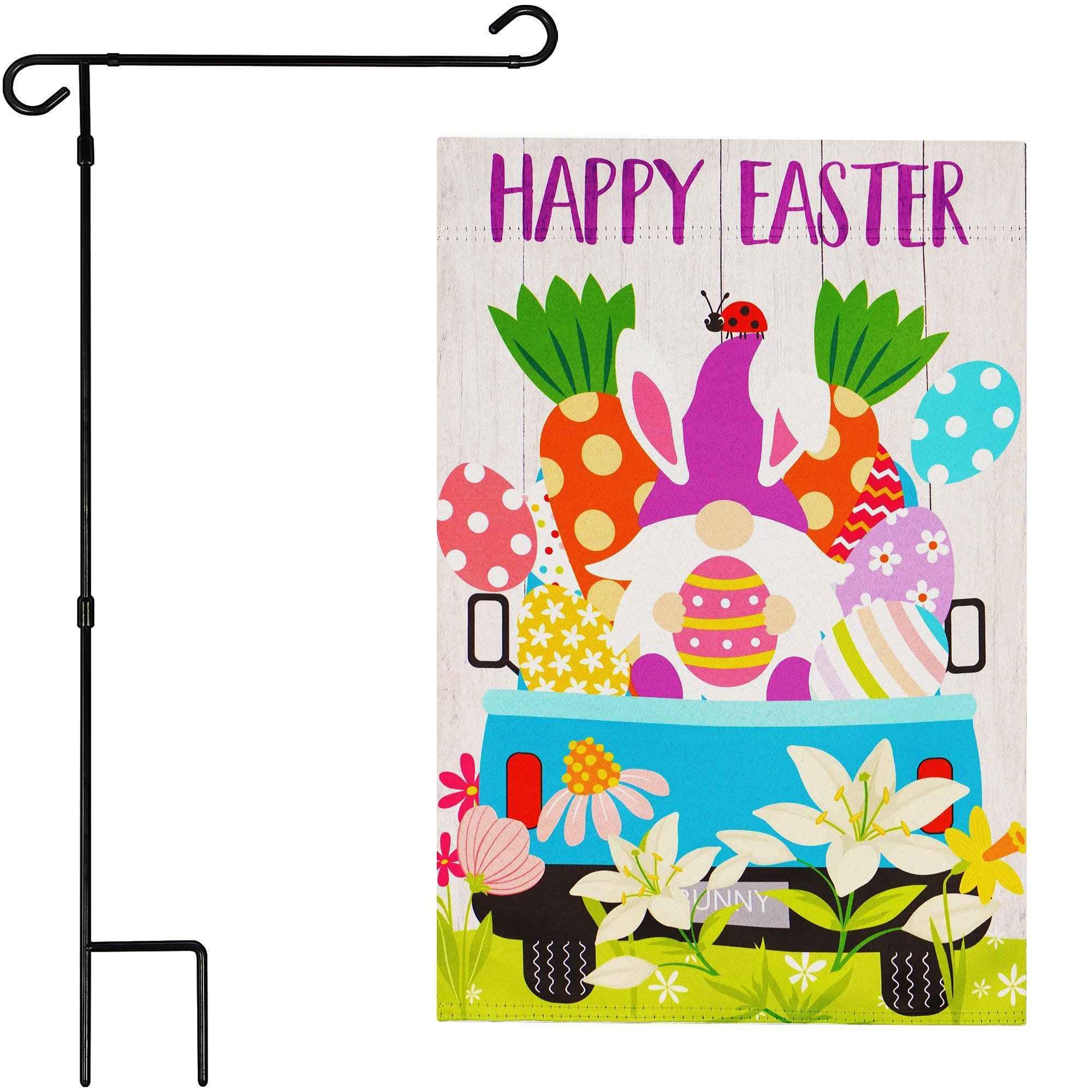 G128 Combo Pack: Garden Flag Stand Black 36 in x 16 in & Garden Flag Happy Easter Decoration Rabbit Gnome in Truck 12"x18" Double-Sided Blockout Fabric