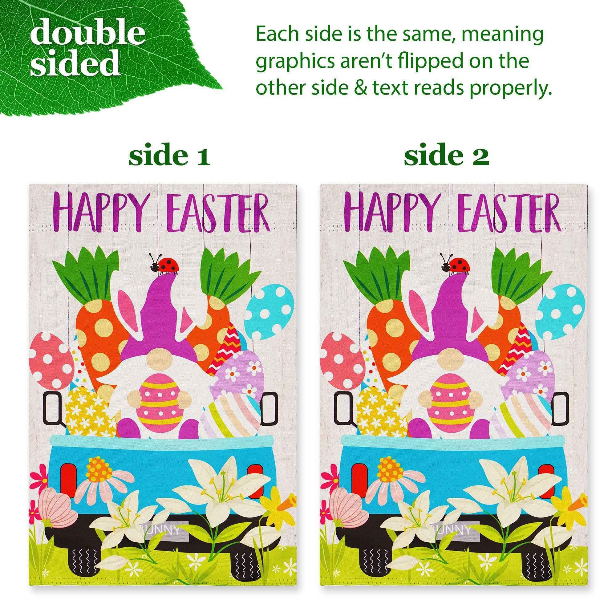 G128 Combo Pack: Garden Flag Stand Black 36 in x 16 in & Garden Flag Happy Easter Decoration Rabbit Gnome in Truck 12"x18" Double-Sided Blockout Fabric