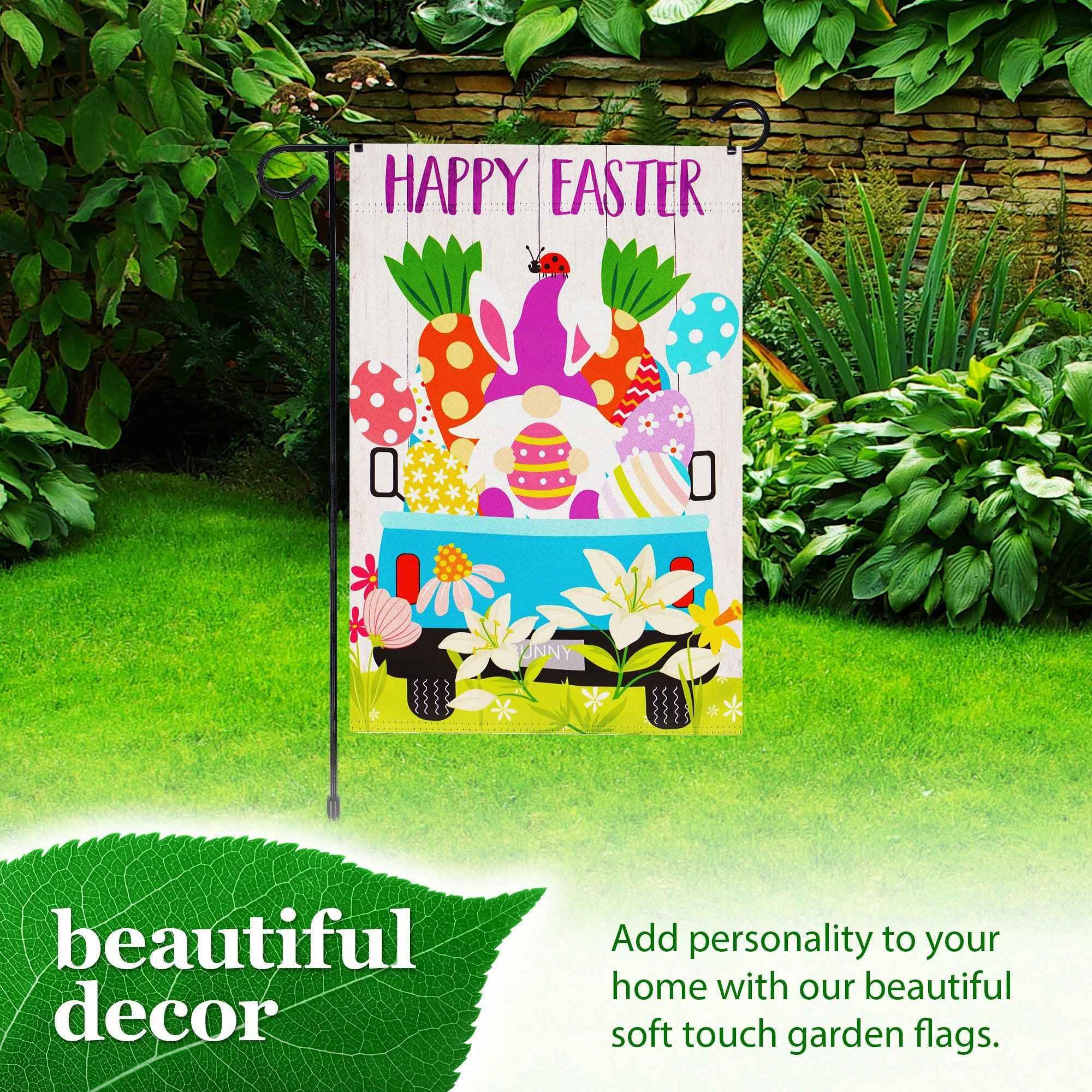 G128 Combo Pack: Garden Flag Stand Black 36 in x 16 in & Garden Flag Happy Easter Decoration Rabbit Gnome in Truck 12"x18" Double-Sided Blockout Fabric