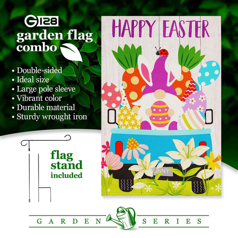 G128 Combo Pack: Garden Flag Stand Black 36 in x 16 in & Garden Flag Happy Easter Decoration Rabbit Gnome in Truck 12"x18" Double-Sided Blockout Fabric