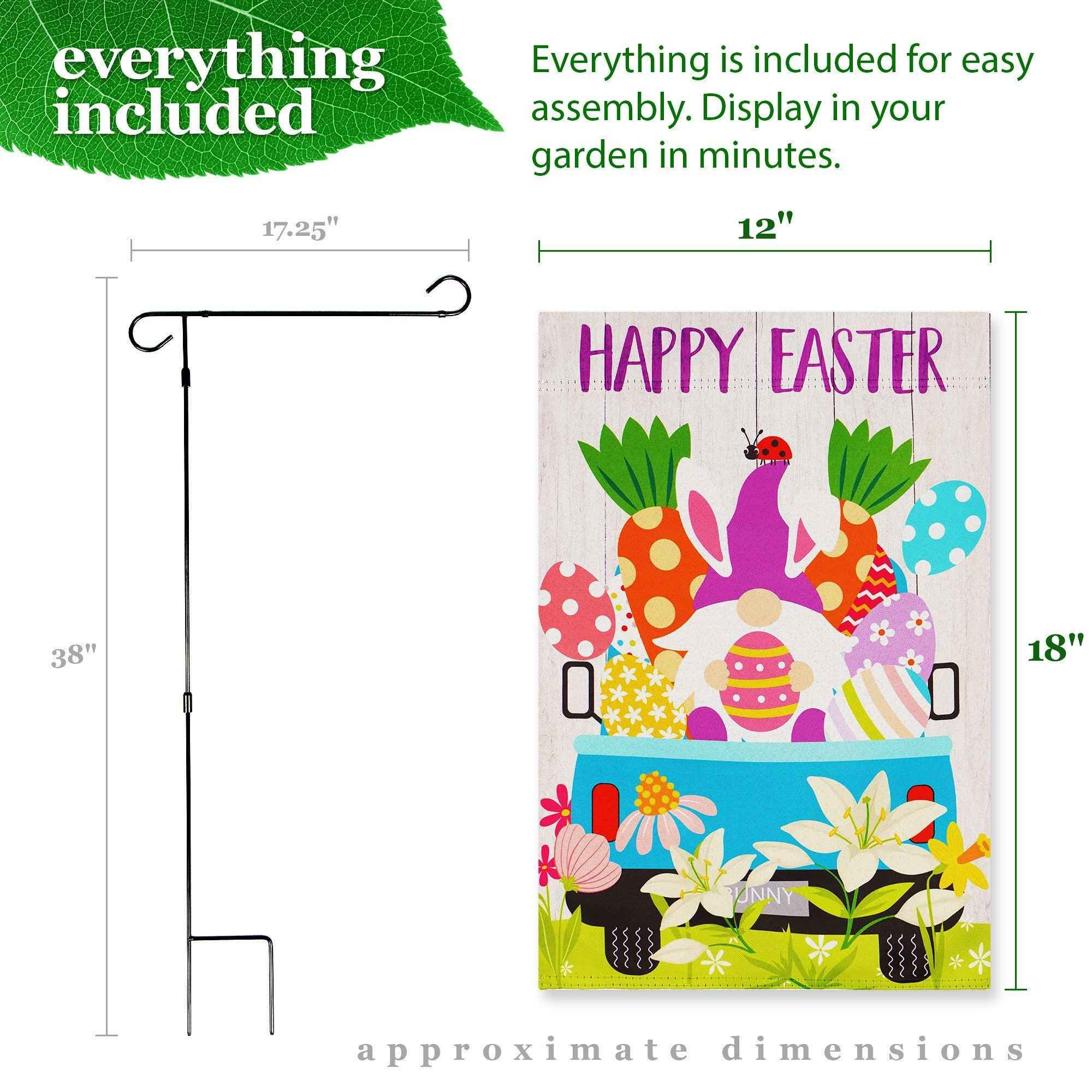G128 Combo Pack: Garden Flag Stand Black 36 in x 16 in & Garden Flag Happy Easter Decoration Rabbit Gnome in Truck 12"x18" Double-Sided Blockout Fabric
