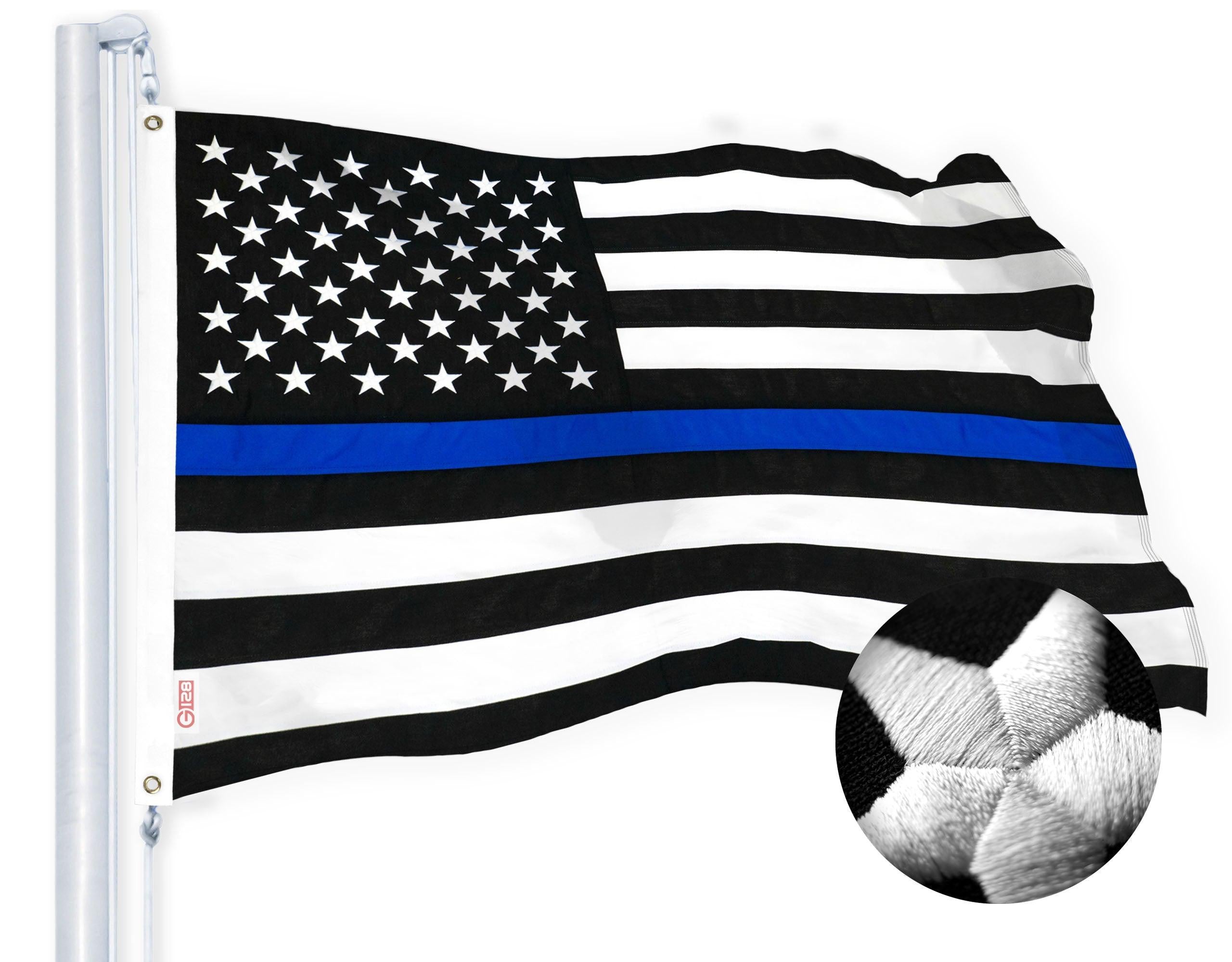 G128 - Thin Blue Line Flag 4x6 FT Embroidered Heavy Duty 220GSM Tough Spun Polyester U.S. American Flag Brass Grommets Honoring Men and Women of Law Enforcement Black White and Blue US Flag - GreatEagleInc