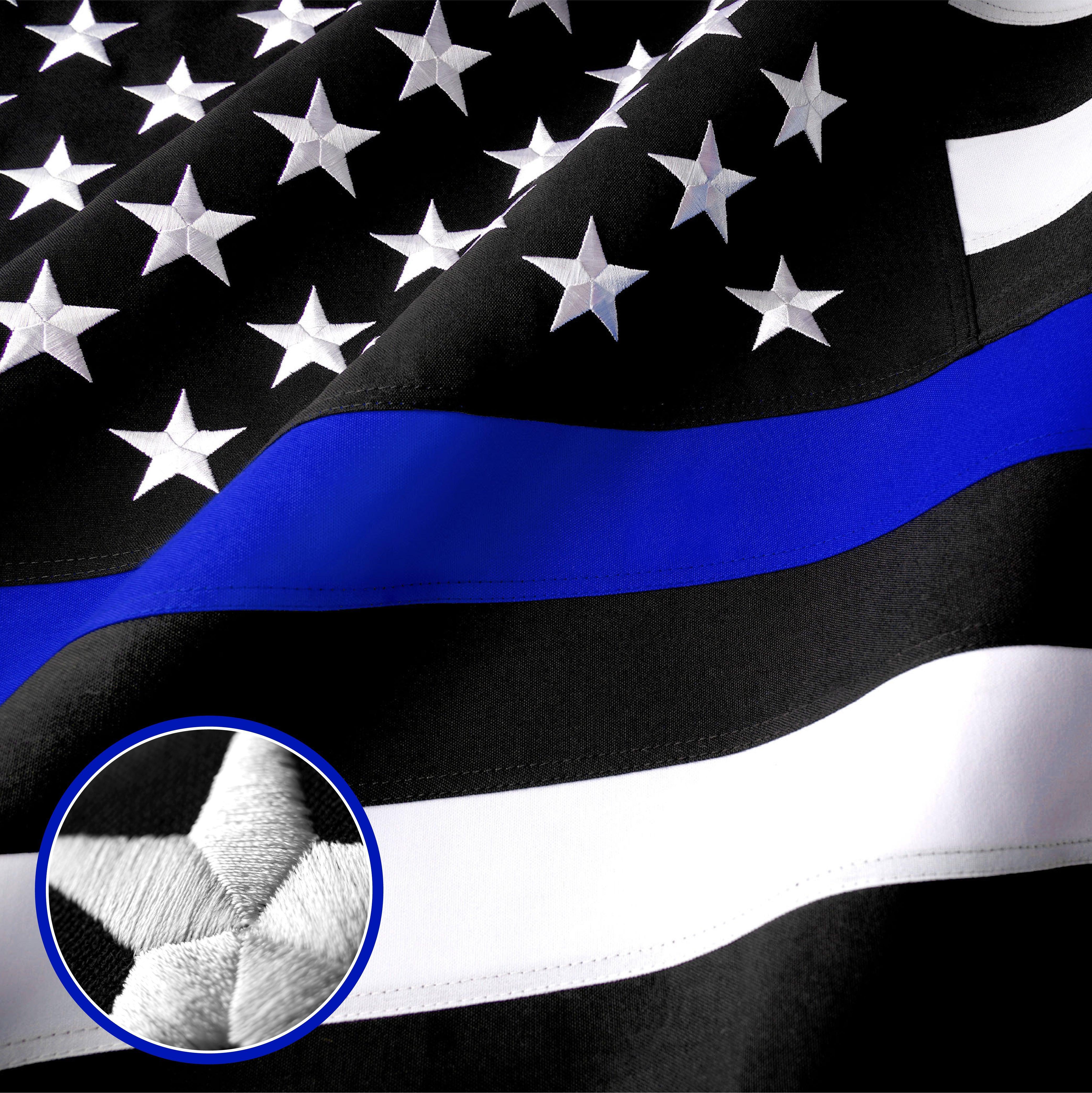G128 - Thin Blue Line Flag 4x6 FT Embroidered Heavy Duty 220GSM Tough Spun Polyester U.S. American Flag Brass Grommets Honoring Men and Women of Law Enforcement Black White and Blue US Flag - GreatEagleInc