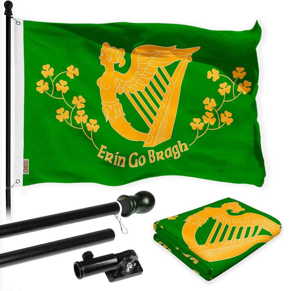 G128 Combo Pack: 6 Ft Tangle Free Spinning Flagpole (Black) & Erin Go Bragh Flag 3x5 Ft Printed 150D Polyester, Brass Grommets (Flag Included) Aluminum Flag Pole