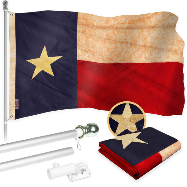 G128 Combo Pack: 5 Ft Tangle Free Aluminum Spinning Flagpole (Silver) & Texas Tea-Stained Flag 2x3 Ft, ToughWeave Pro Series Embroidered 420D Polyester | Pole with Flag Included