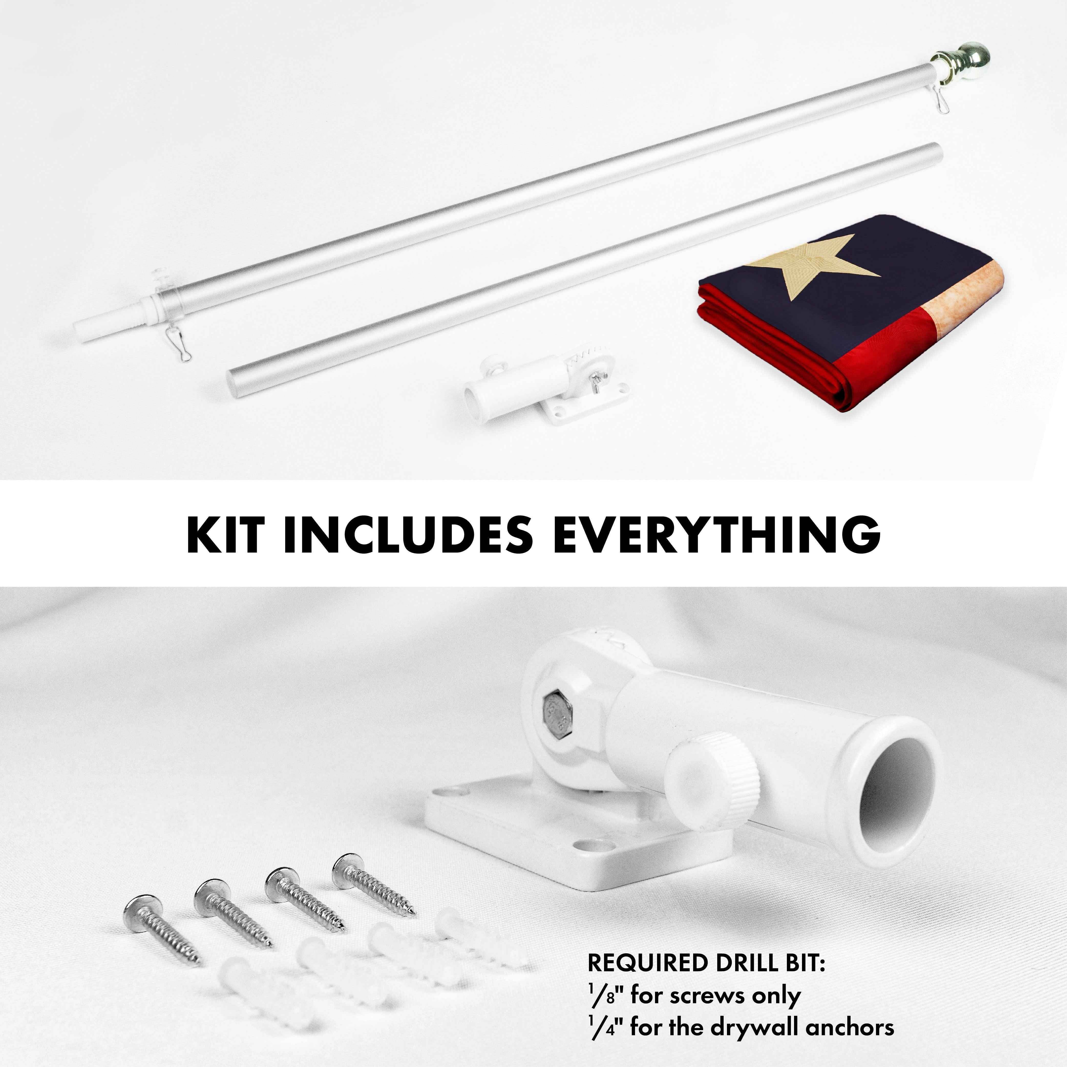 G128 Combo Pack: 5 Ft Tangle Free Aluminum Spinning Flagpole (Silver) & Texas Tea-Stained Flag 2x3 Ft, ToughWeave Pro Series Embroidered 420D Polyester | Pole with Flag Included