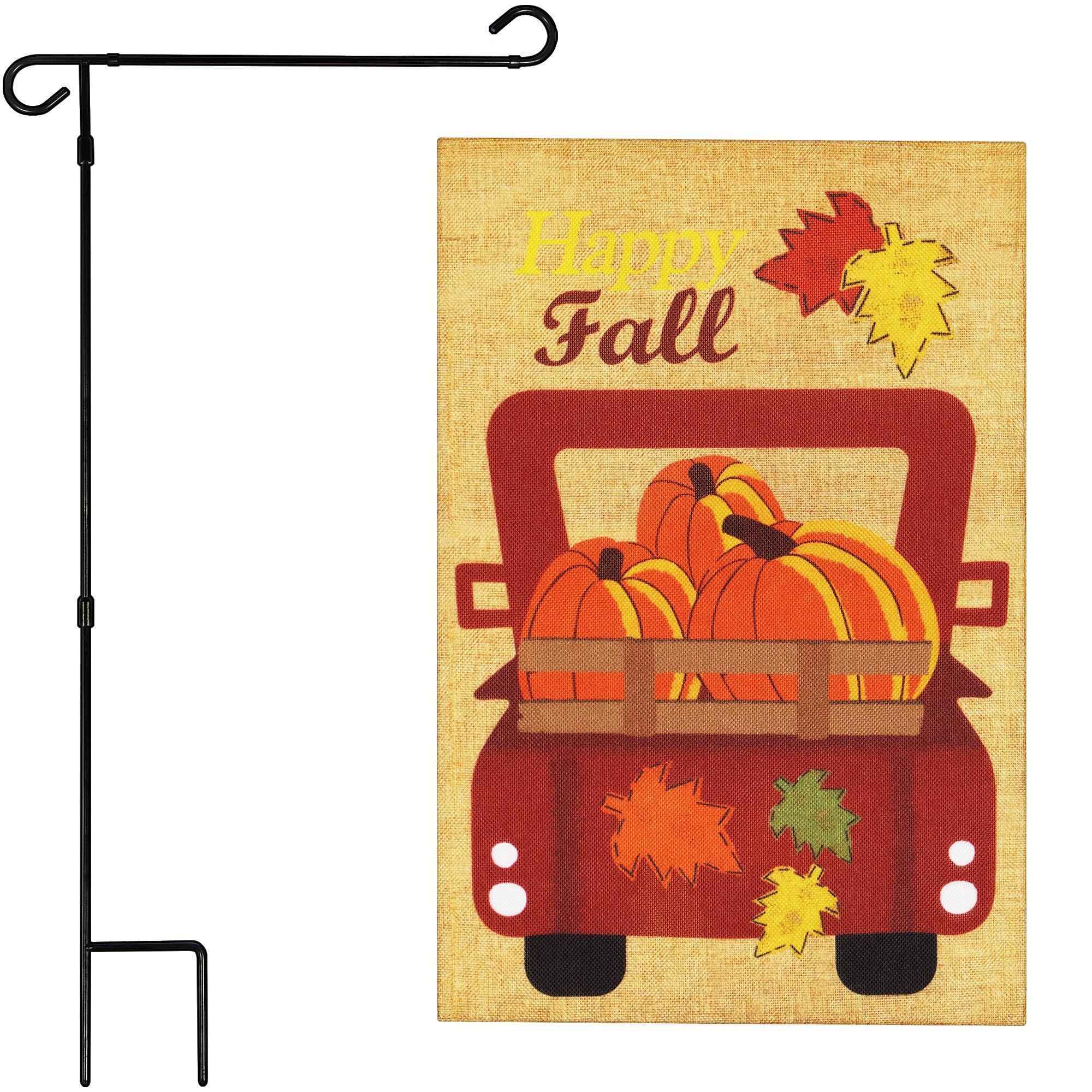 G128 Combo Pack: Garden Flag Stand Black 36 in x 16 in & Garden Flag Fall Decoration Pumpkins in Truck Bed 12"x18" Double-Sided Burlap Fabric