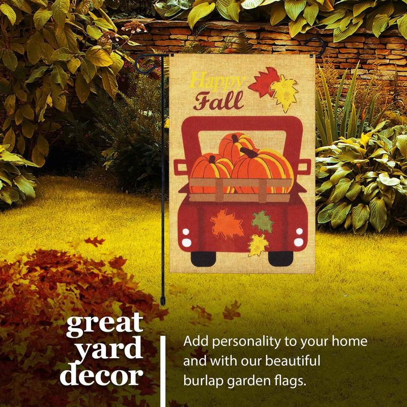 G128 Combo Pack: Garden Flag Stand Black 36 in x 16 in & Garden Flag Fall Decoration Pumpkins in Truck Bed 12"x18" Double-Sided Burlap Fabric