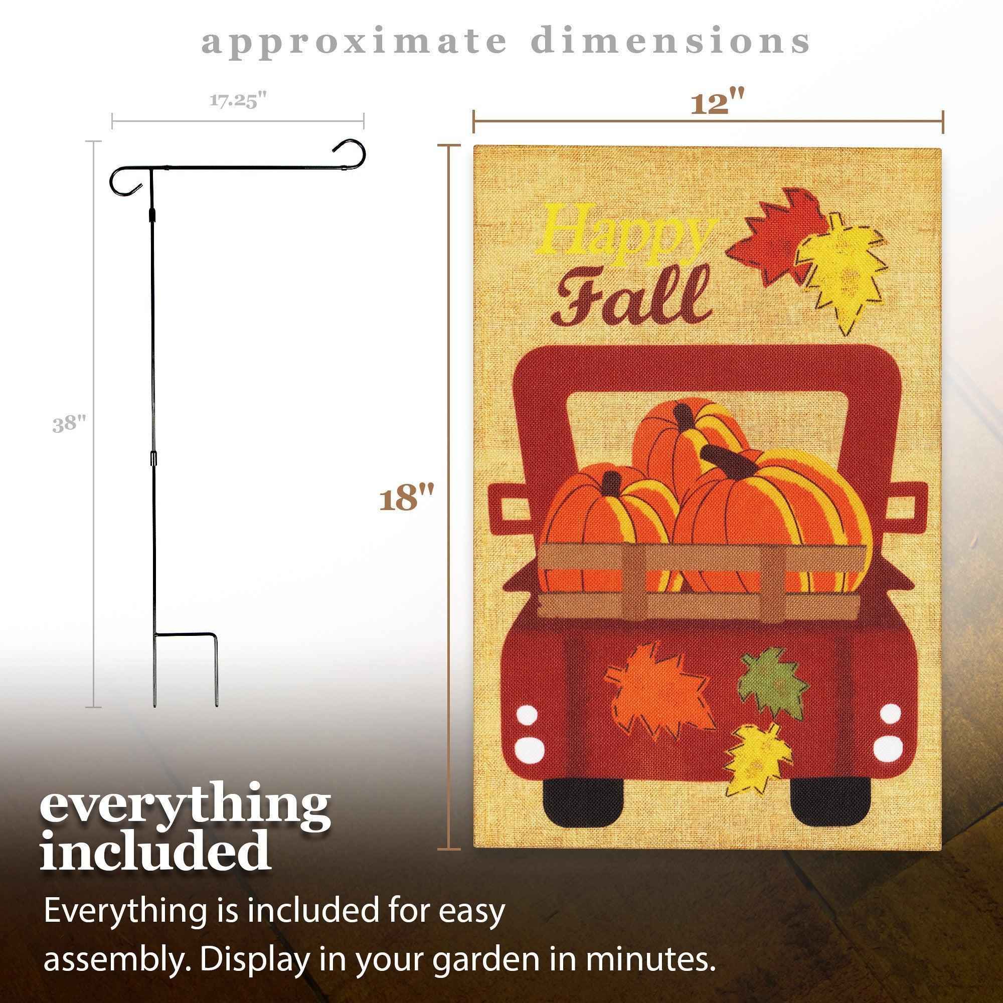 G128 Combo Pack: Garden Flag Stand Black 36 in x 16 in & Garden Flag Fall Decoration Pumpkins in Truck Bed 12"x18" Double-Sided Burlap Fabric