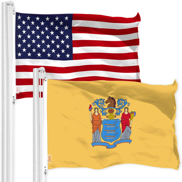 G128 Combo Pack: American USA Flag 3x5 Ft 150D & New Jersey NJ State Flag 3x5 Ft 300D | Both LiteWeave Pro Series Printed Poly, Brass Grommets G128