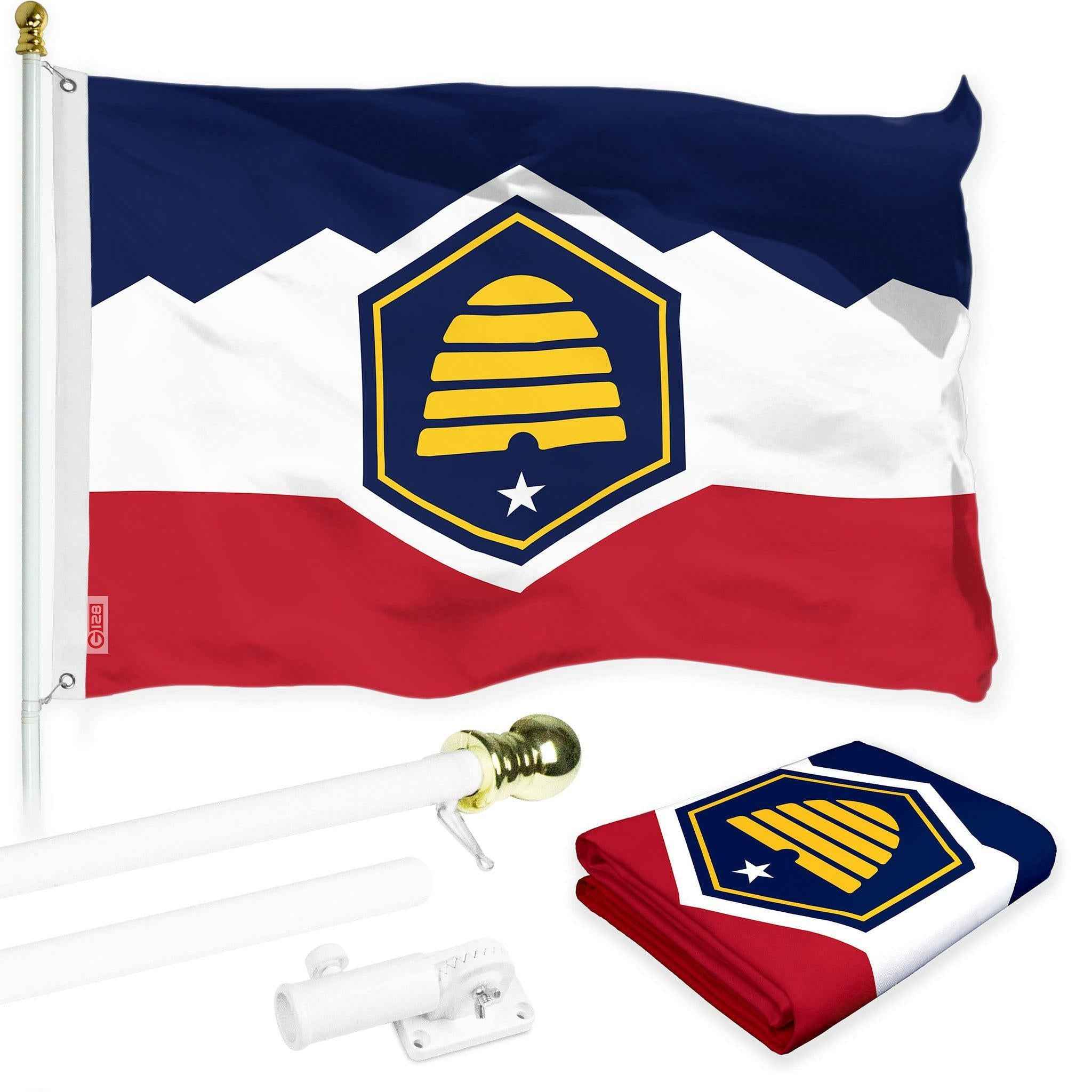 G128 Combo Pack: 6 Ft Tangle Free Aluminum Spinning Flagpole (White) & Utah 2023 New Version UT State Flag 3x5 Ft, LiteWeave Pro Series Printed 150D Polyester | Pole with Flag Included