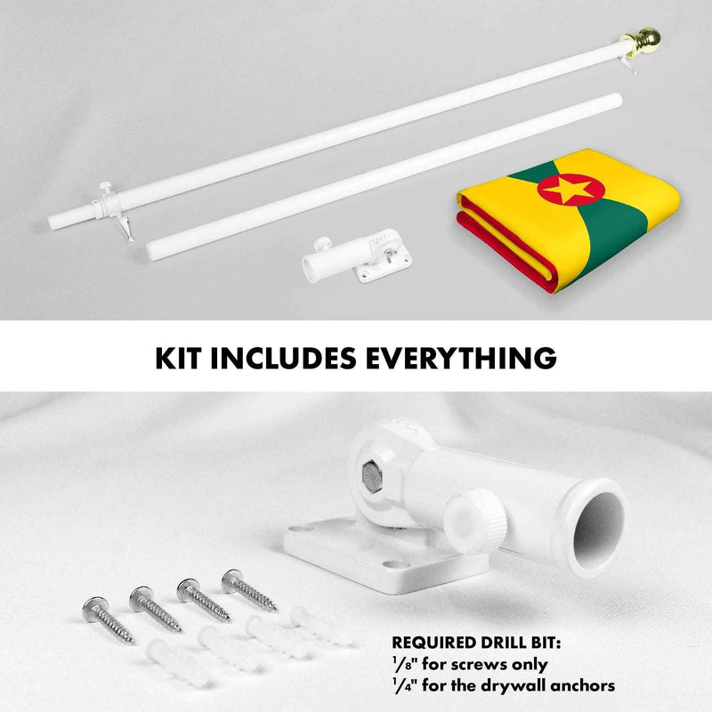 G128 Combo Pack: 6 Ft Tangle Free Aluminum Spinning Flagpole (White) & Grenada Grenadian Flag 3x5 Ft, LiteWeave Pro Series Printed 150D Polyester | Pole with Flag Included