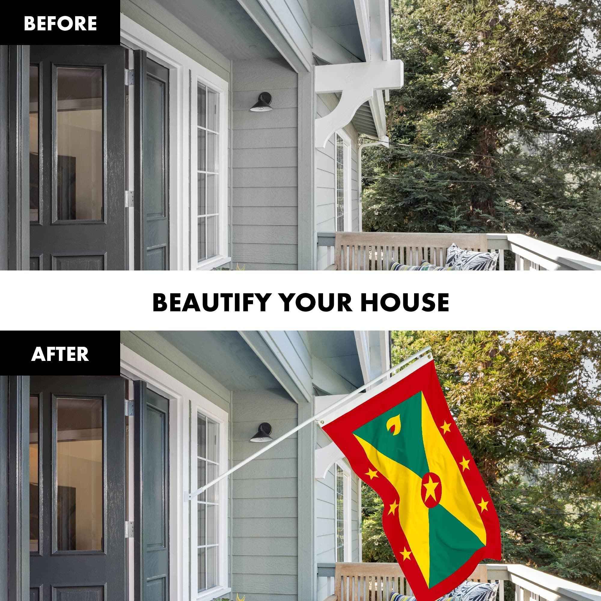 G128 Combo Pack: 6 Ft Tangle Free Aluminum Spinning Flagpole (White) & Grenada Grenadian Flag 3x5 Ft, LiteWeave Pro Series Printed 150D Polyester | Pole with Flag Included