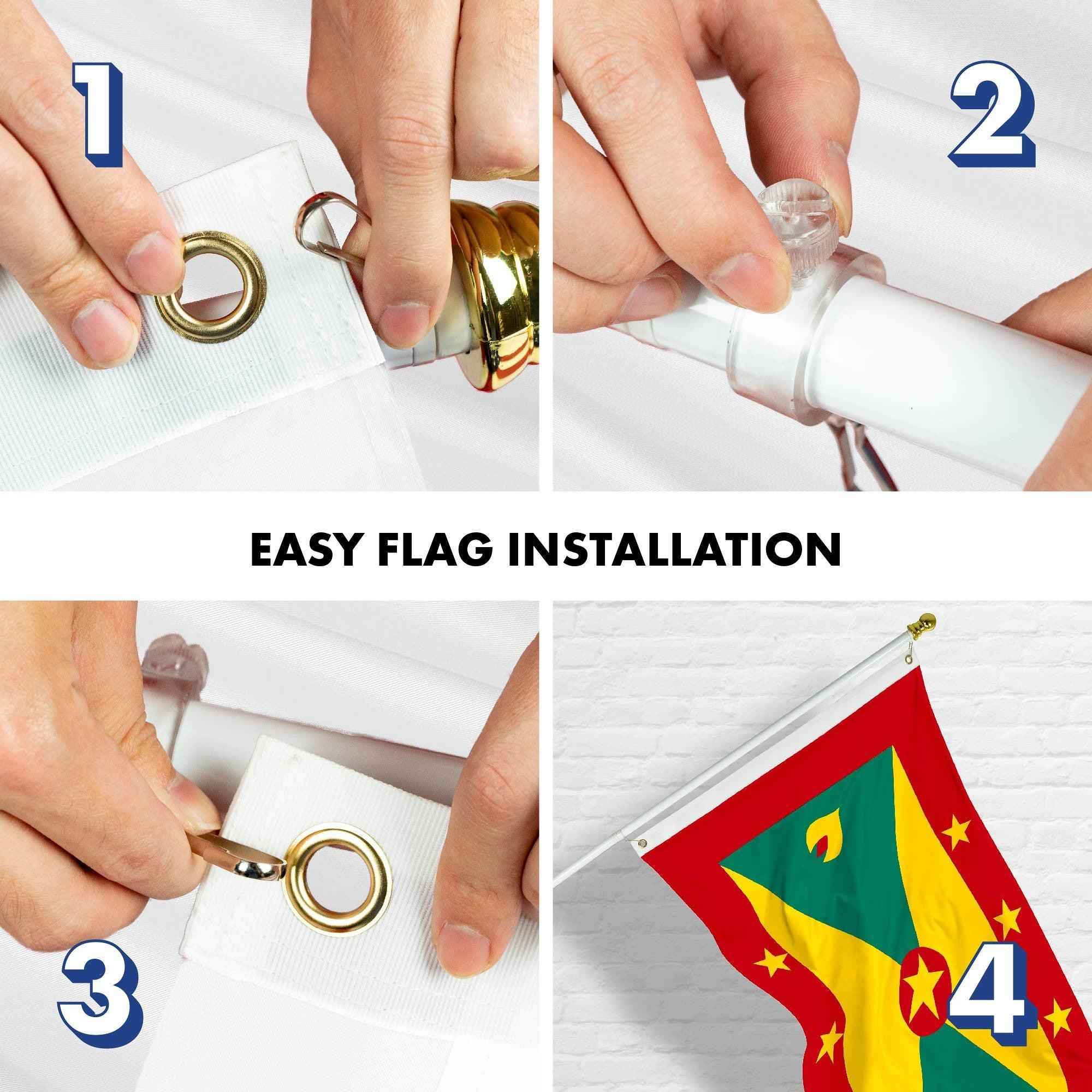 G128 Combo Pack: 6 Ft Tangle Free Aluminum Spinning Flagpole (White) & Grenada Grenadian Flag 3x5 Ft, LiteWeave Pro Series Printed 150D Polyester | Pole with Flag Included