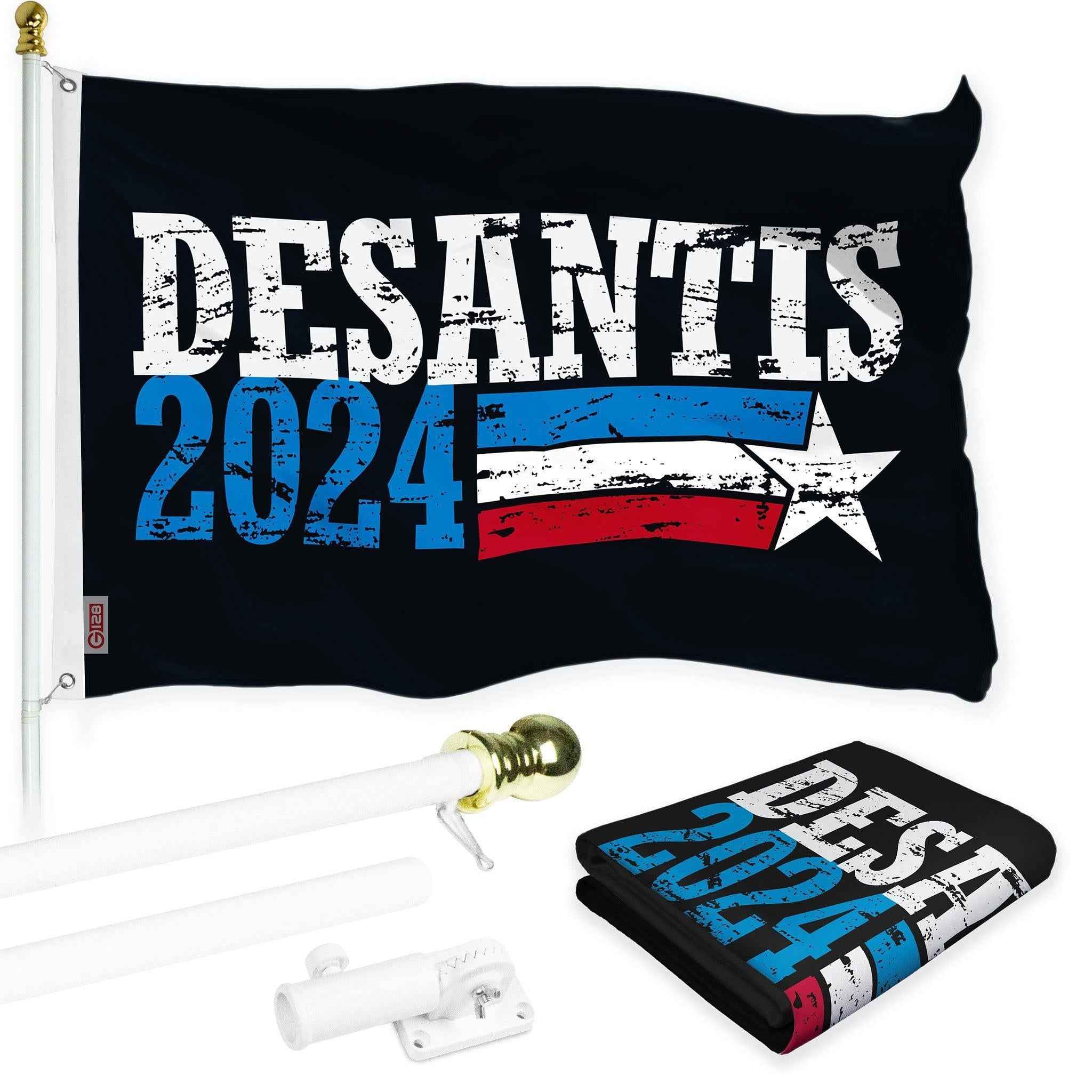 G128 Combo Pack: 6 Ft Tangle Free Aluminum Spinning Flagpole (White) & DeSantis Election 2024 Flag 3x5 Ft, LiteWeave Pro Series Printed 150D Polyester | Pole with Flag Included
