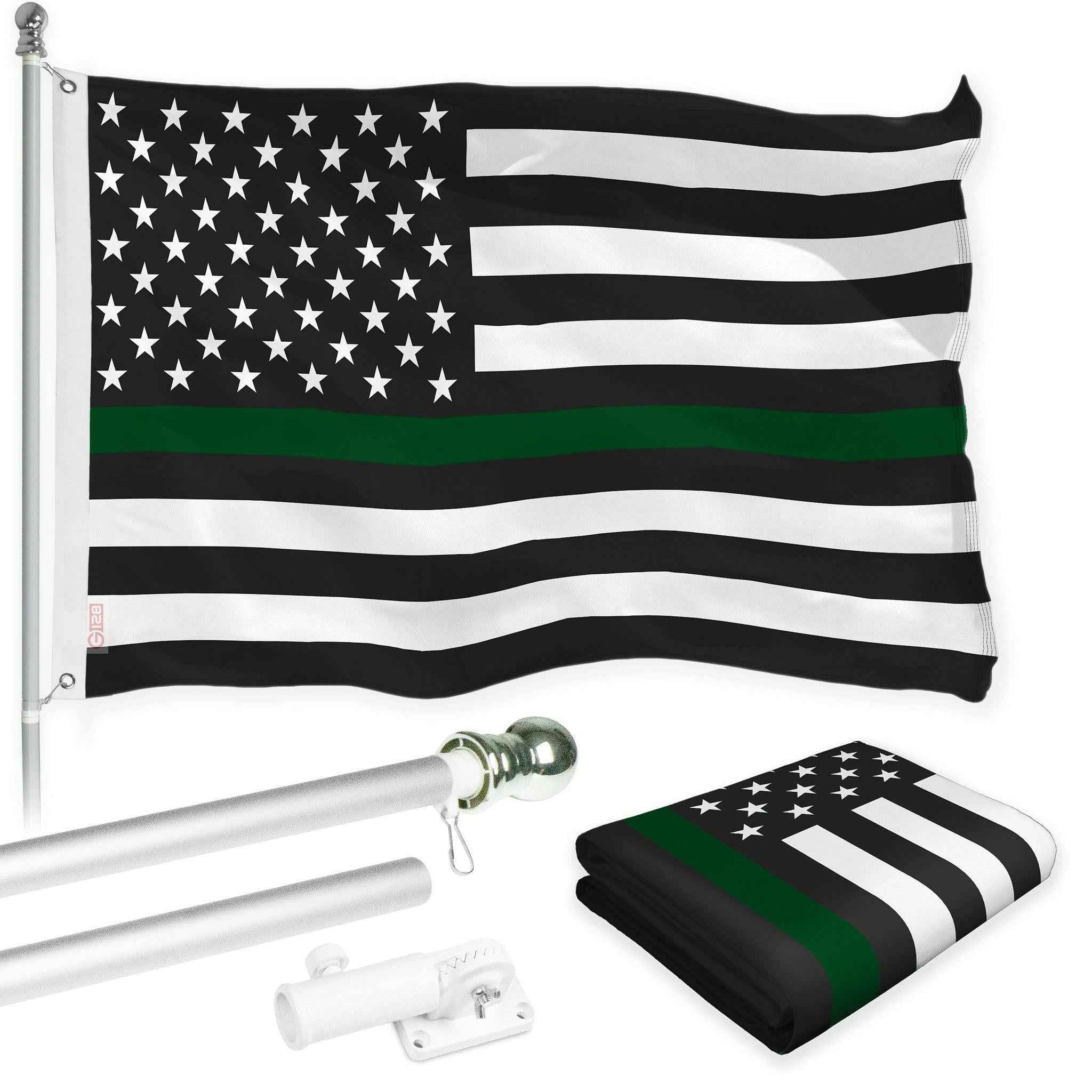 G128 Combo Pack: Flag Pole 6 Ft Silver Tangle Free & Thin Green Line Flag 3x5 Ft Brass Grommets Printed 150D Polyester (Flag Included) Aluminum Flag Pole
